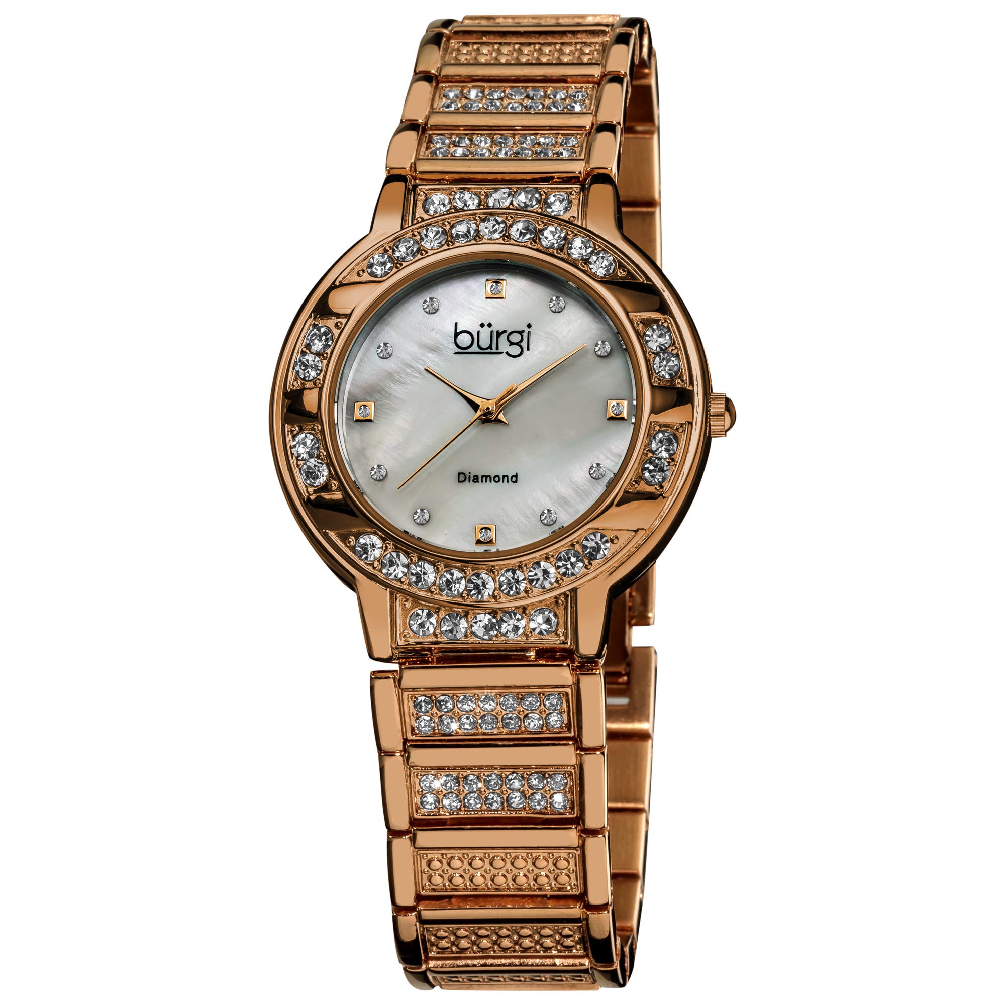 Burgi Women's Diamond Mother-of-Pearl Watch with Diamond Hour Markers & Crystal Bezel - Stainless Steel Bracelet - Elegant Dress Watch for Women - Perfect for Office, Party & Special Occasions - BUR067