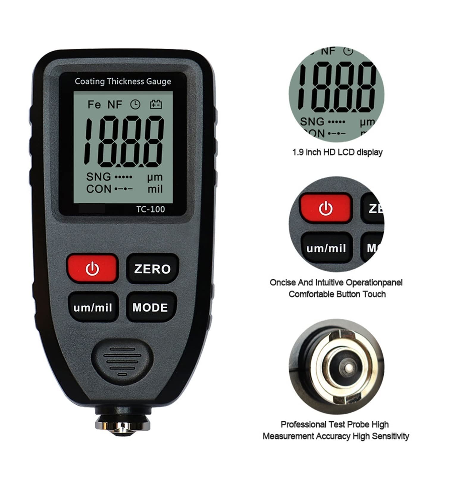 KIRANDY TC100 Coating Thickness Gauge - Digital Paint & Film Thickness Tester for Cars, Metal (FE/NFE) - Russian Manual Included - Black/Grey | Automotive Repair, Quality Control, Industrial Measurement