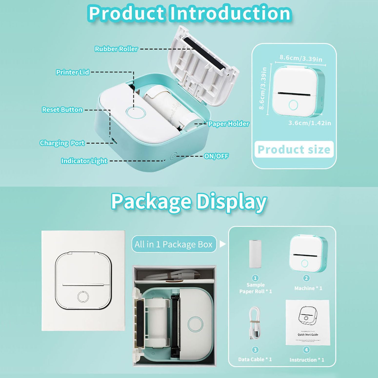 Memoking T02 Mini Thermal Sticker Printer - Portable Inkless Label Maker for Flashcards, Journals & Photos | Green Compact Sticker Machine for Students, DIY Projects & Home Organization