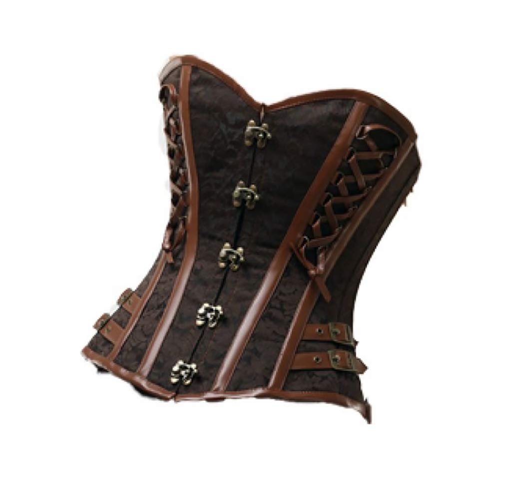 Sexy Leather Brown Brocade Gothic Steampunk Overbust Corset - Waist Training Bustier for Cosplay, Victorian Fashion & Burlesque Outfits