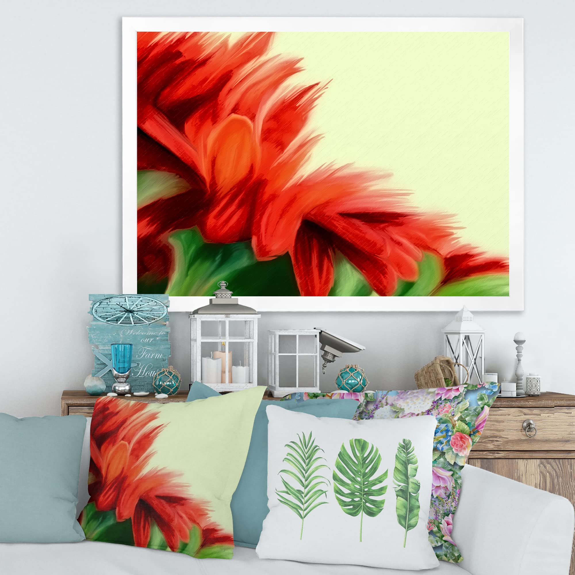 Vibrant Red Floral on Green Traditional Framed Wall Art - Elegant Home Decor for Living Room, Bedroom & Office