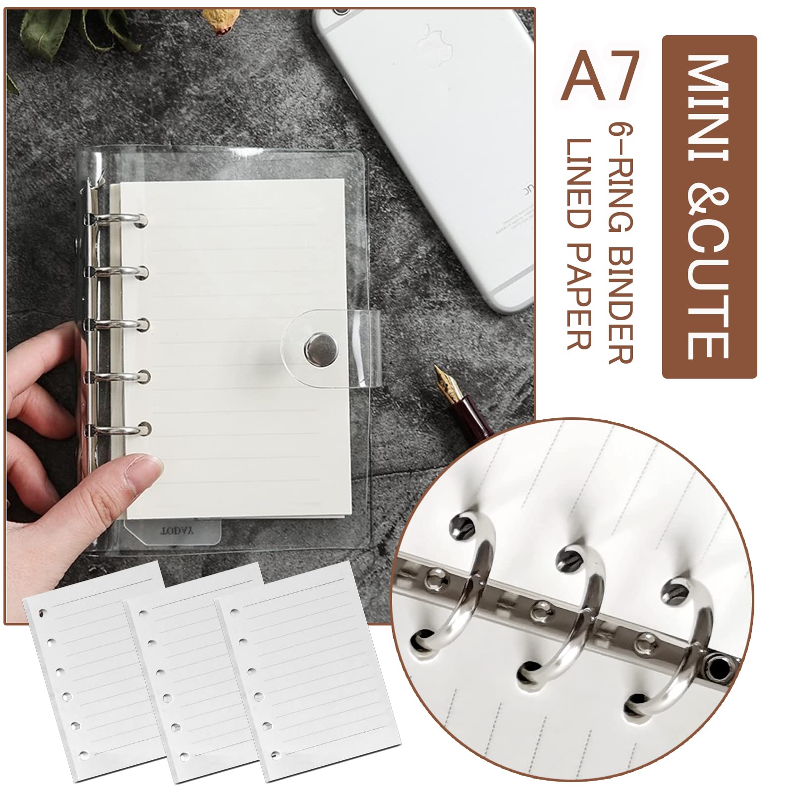 Refillable A7 Notebook Set - 3 Pack Lined Paper, Clear Zipper Binder Pockets, Dividers & Ruler Marker for 6-Ring A5 Binders | Perfect for Planner Organization, Journaling, School & Office Use