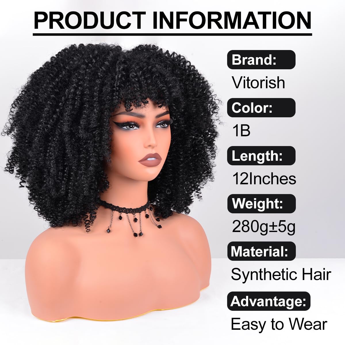 12 Inch Afro Curly Wig with Bangs - Heat Resistant Synthetic Kinky Curly Wig for Women (280g) - Perfect for Daily Wear & Party Hairstyles - Black Short Afro Wig for Natural Look & Special Occasions