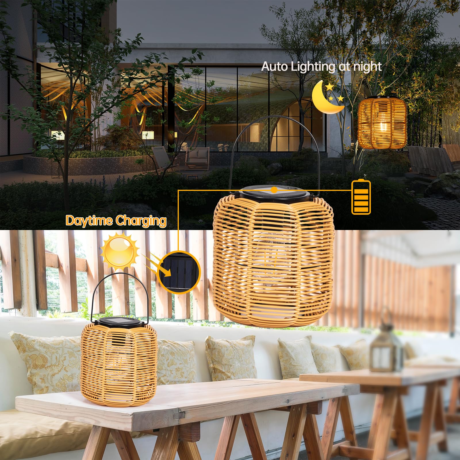2PK Solar Powered Outdoor Waterproof Hanging Rattan Lantern Lights - Decorative Solar Table Lamp for Garden, Patio, Courtyard & Lawn - Perfect for Backyard Parties, Camping & Emergency Lighting