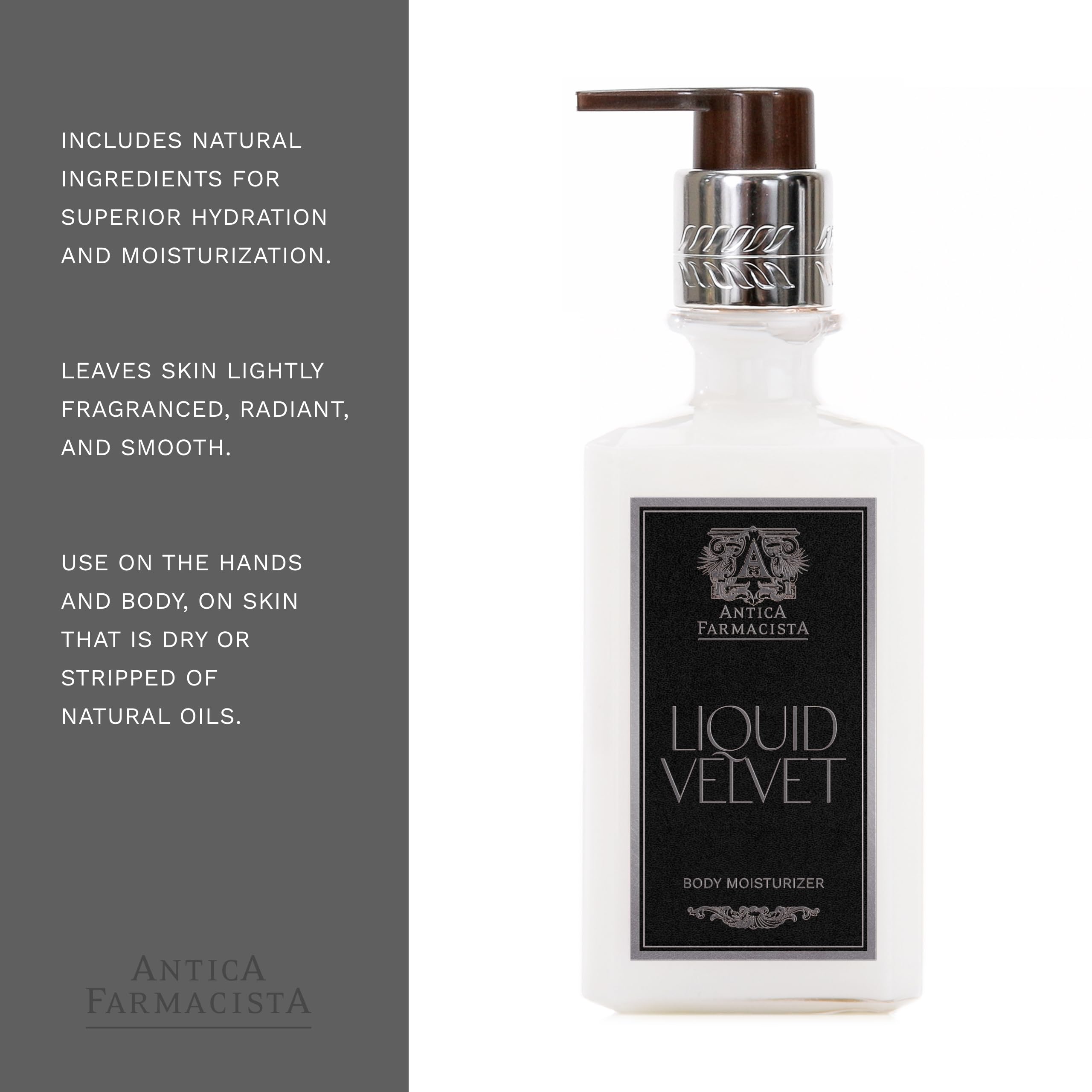 Antica Farmacista Liquid Velvet Body Moisturizer - Hydrating Scented Lotion for Dry Skin - Premium Moisturizing Cream for Women & Men - Luxury Skincare Gift - Hand & Body Hydration - 10 oz - Perfect for Daily Use, Spa Days & Gift Giving