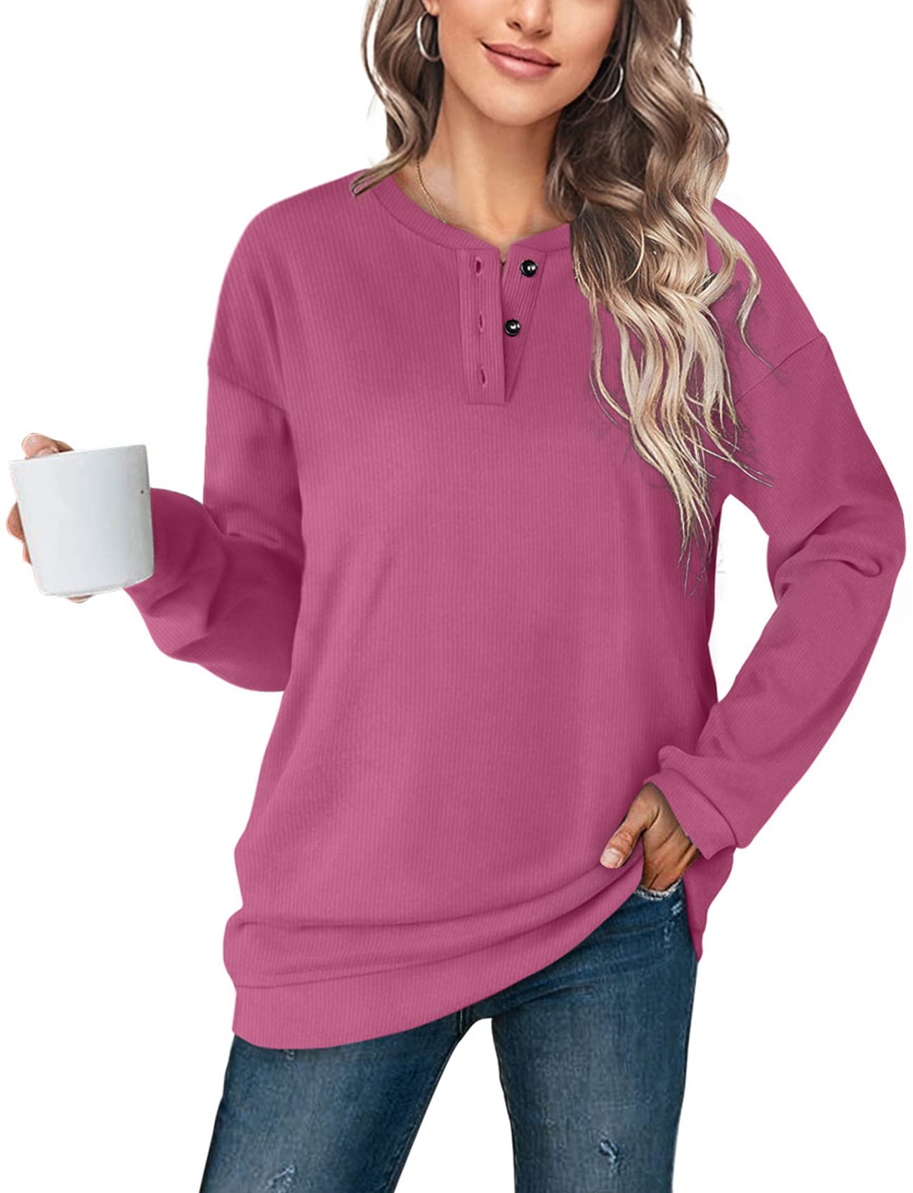 OFEEFAN Women's Casual Henley Button Up Long Sleeve Tunic Sweatshirt - Comfortable Lounge Wear for Relaxing at Home, Running Errands & Casual Outings