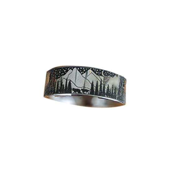 Tungsten Rings for Men - 8mm Mountain Landscape Nature Wedding Band with Wolf & Forest Design - Silver Starry Night Mens Ring - Durable Anniversary Gift for Outdoorsman, Hiker & Nature Lover - Perfect for Camping, Hiking & Outdoor Adventures
