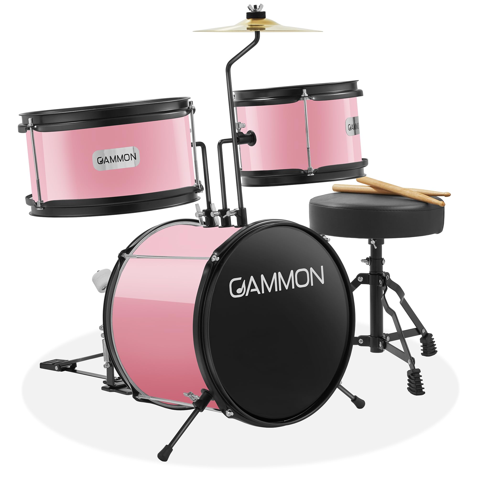 Gammon 3-Piece Junior Drum Set with Throne - Pink, Complete Beginner Drum Kit with Bass Drum, Toms, Cymbal, Pedal & Drumsticks | Perfect for Kids, Teens & Beginners Learning to Play Drums at Home or School