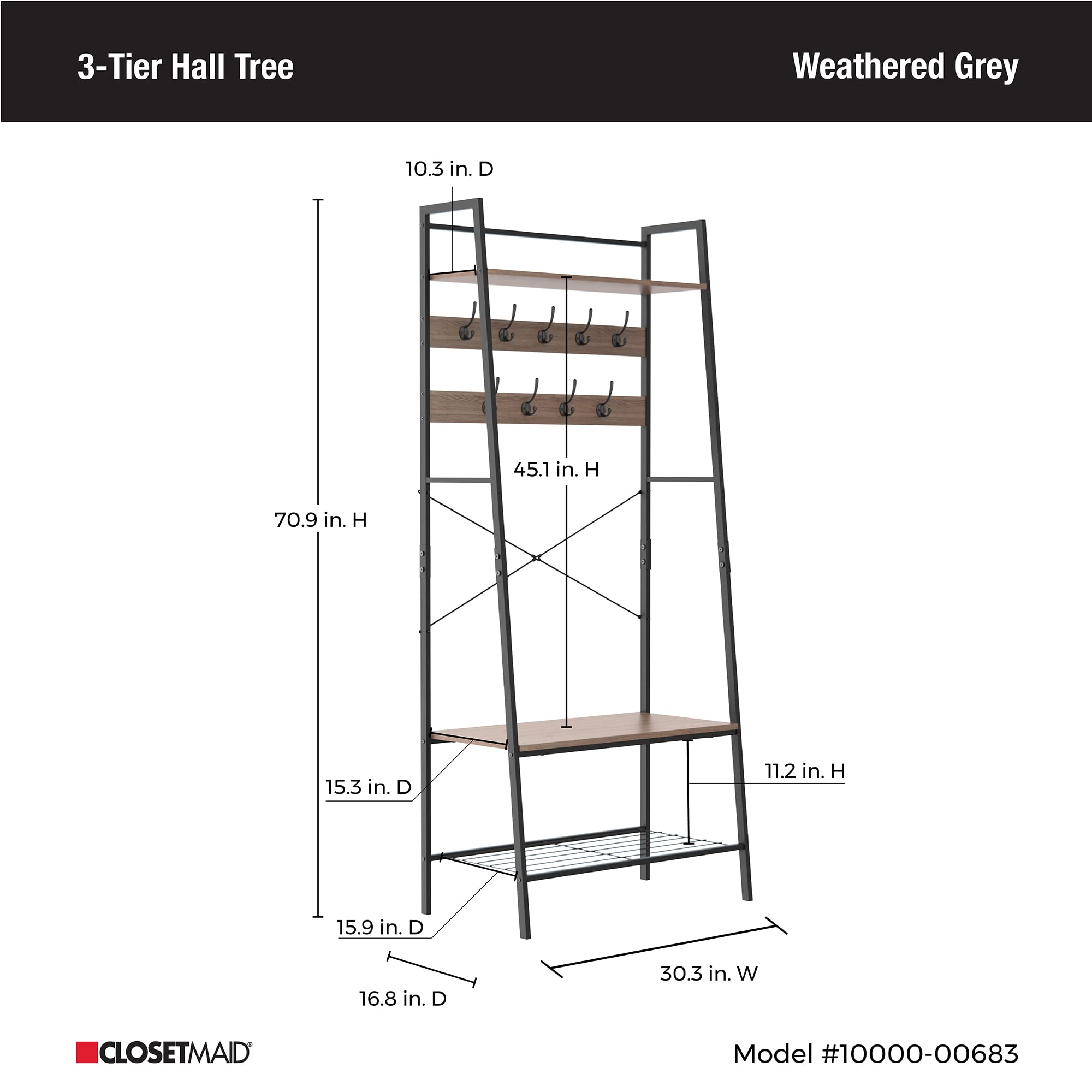 ClosetMaid Hall Tree with Shoe Bench - 9 Hooks & Storage Shelf Ladder Design - Weathered Gray/Black Metal - Perfect for Entryway, Mudroom & Home Organization