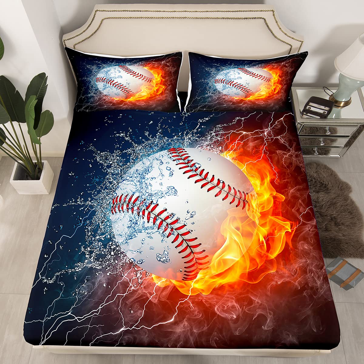 Sports Themed Baseball Bedding Set - Ice & Fire Pattern Microfiber Fitted Sheet with Pillowcase for Twin XL - Soft & Deep Pocket Sheets for Kids, Teens, Boys & Girls - Perfect for Baseball Fans' Bedrooms & Dorm Rooms