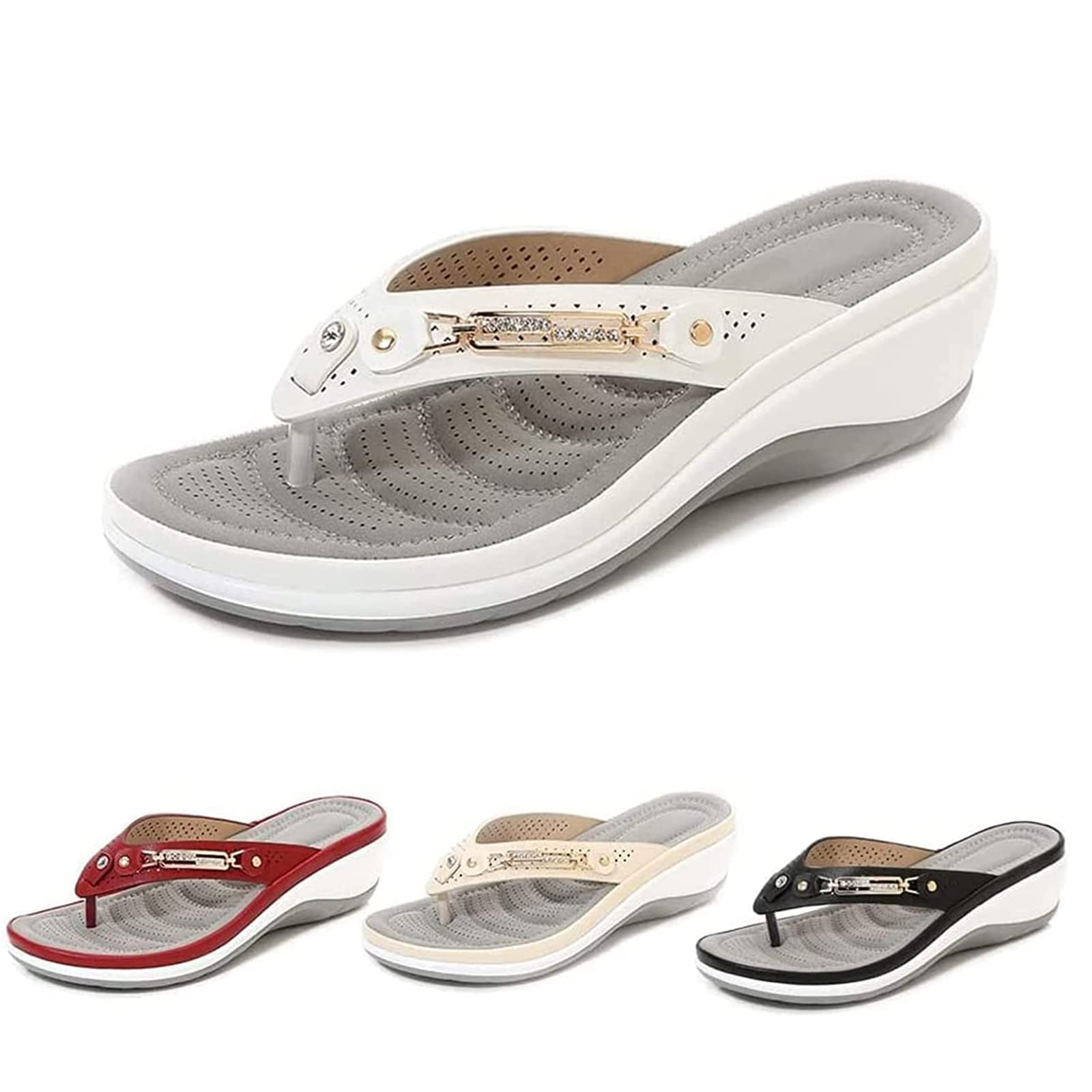 RJDJ Women's Arch Support Flip Flops - Soft Cushion Thong Sandals with Non-Slip Sole | Comfortable Platform Slippers for Summer, Beach & Boho Style (White, Size 5.5) | Perfect for Poolside, Vacation & Casual Wear
