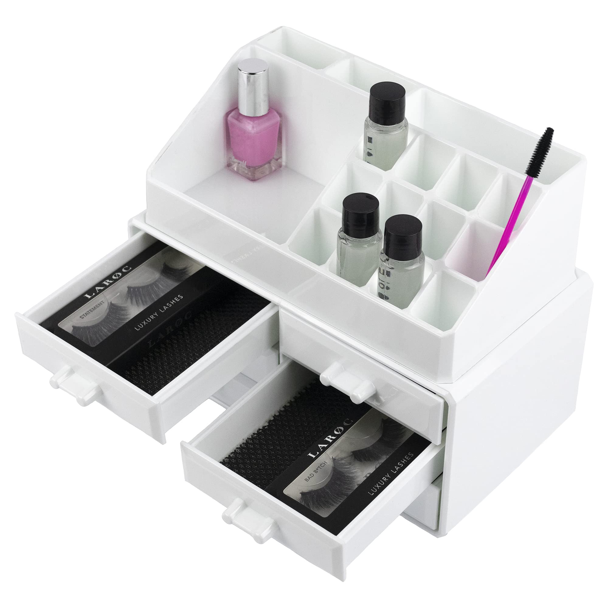 White Acrylic Makeup Organizer with Drawers - Cosmetic Storage Tray for Jewelry & Perfume Display - Beauty Vanity Organizer for Dresser, Bedroom, Bathroom Countertop - Perfect for Clutter-Free Beauty Routine & Gift Giving
