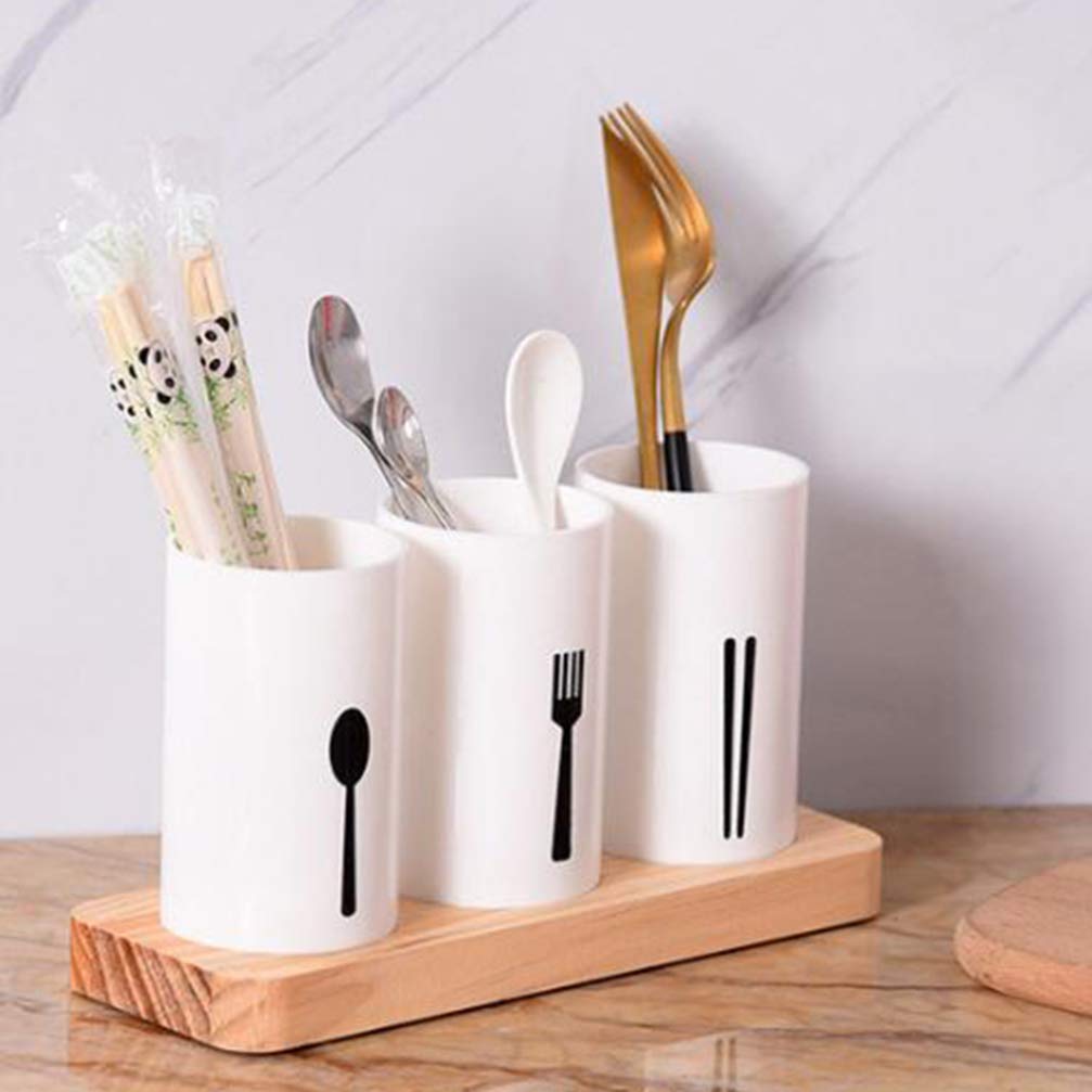 Hemoton Wooden Cutlery Holder Set - Stainless Steel Utensil Drying Rack with Wood Base for Kitchen Countertop Storage - Organize Forks, Knives, Spoons - Perfect for Bar, Restaurant & Home Kitchen Organization