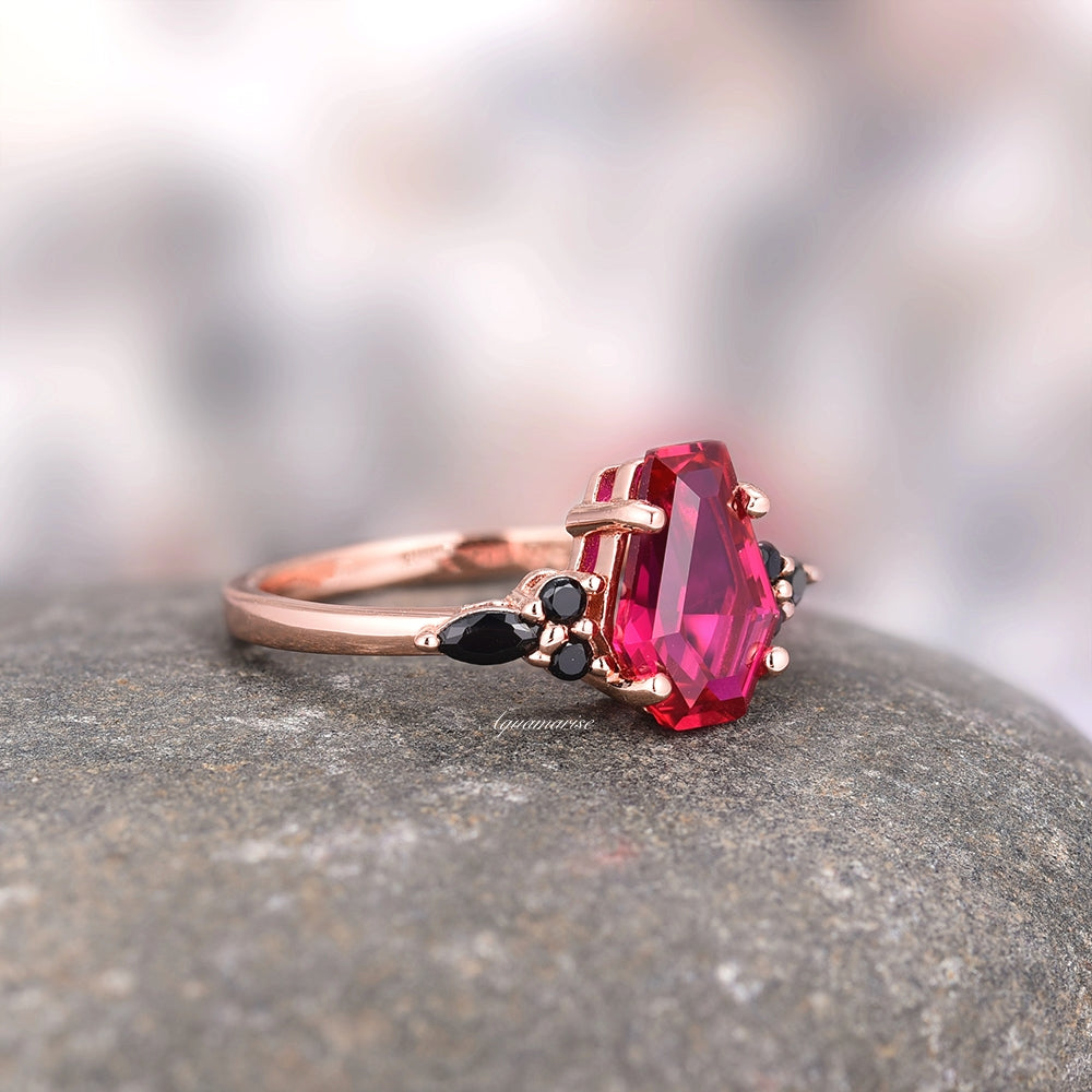 14K Rose Gold Vermeil Coffin Cut Ruby & Black Onyx Ring - Elegant Gothic Jewelry for Women, Perfect for Halloween, Dark Wedding & Alternative Fashion