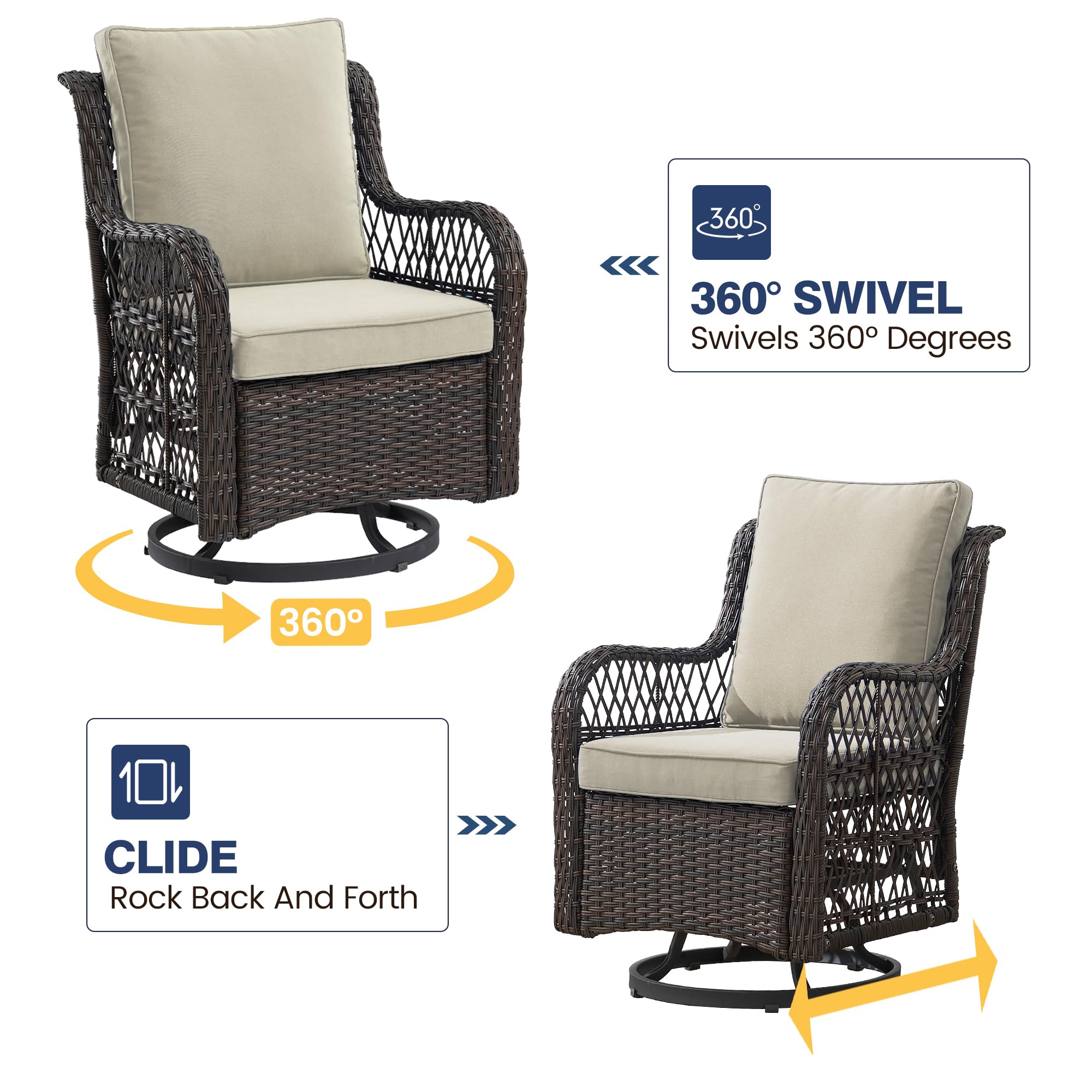 GAOMON 3-Piece Outdoor Swivel Rocking Chair Set with Side Table - 360° Rotating Patio Rocker Chairs for Porch, Poolside & Garden - Dark Brown Wicker with Apricot Cushions (Perfect for Relaxing, Sunbathing & Entertaining Guests)