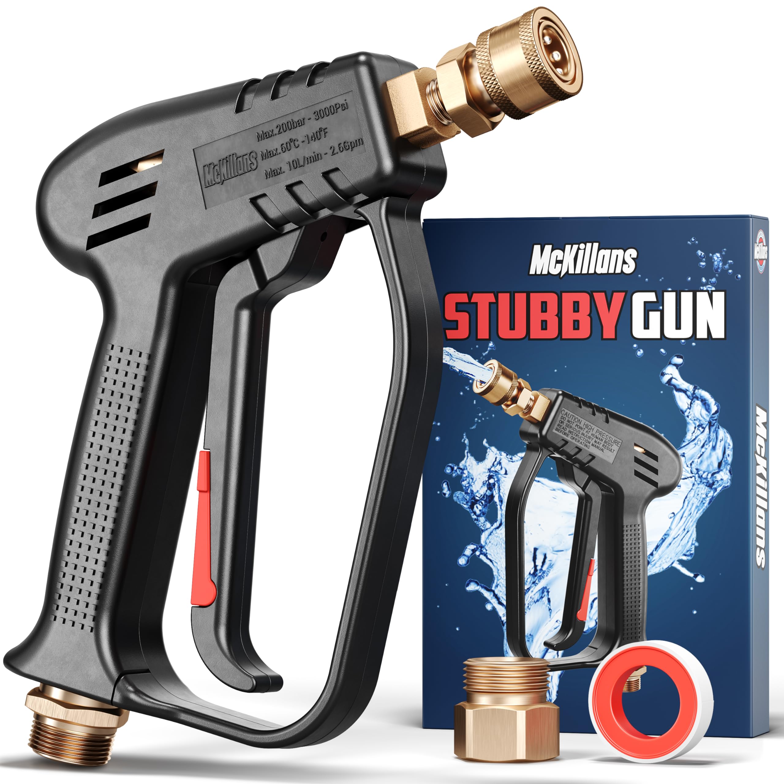 McKillans® Short Pressure Washer Gun with M22 Inlet - High Power Water Spray Handle with 1/4” Quick Connect Coupler - Compatible with Foam Cannon & Car Wash Accessories - Perfect for Cleaning Cars, Driveways, Patios & Outdoor Surfaces