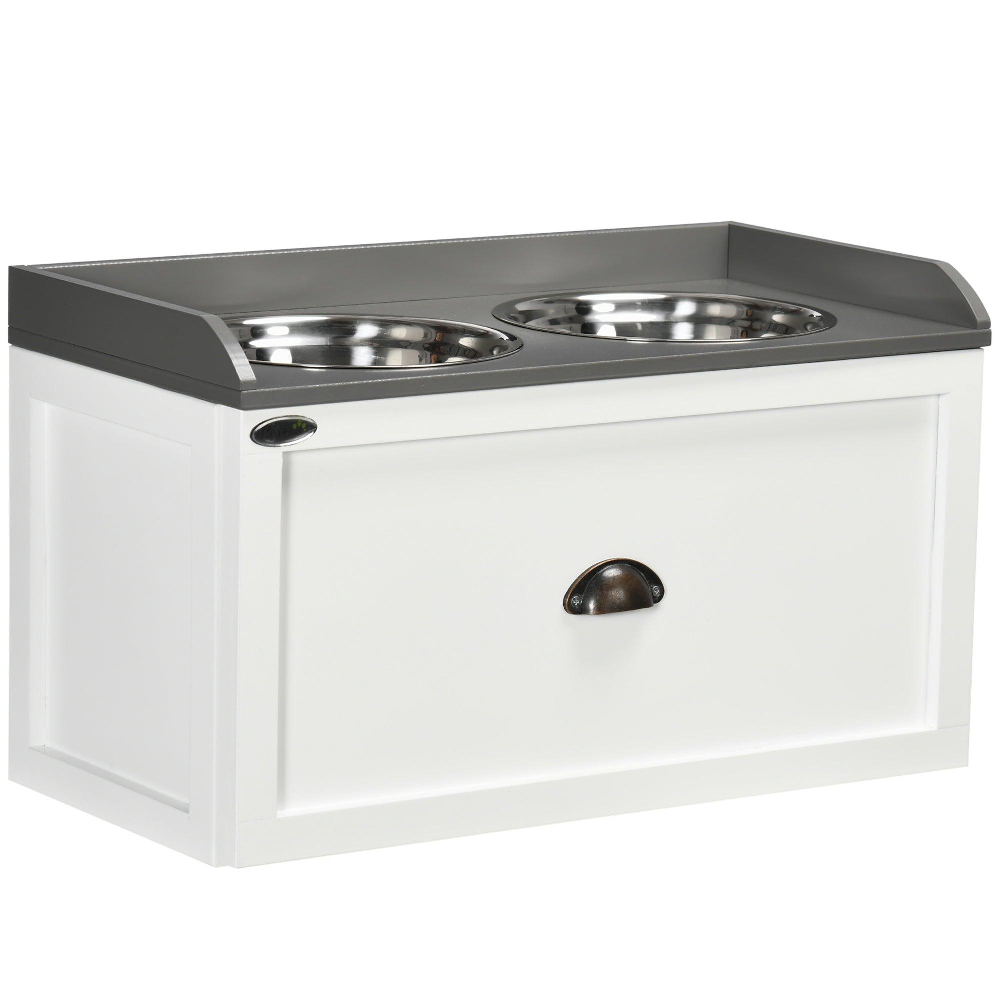 Premium Elevated Dog Feeding Station with Storage Drawer - 2 Removable Stainless Steel Bowls for Large Dogs - White Pet Food Storage Cabinet - Perfect for Kitchen, Laundry Room or Mudroom Organization