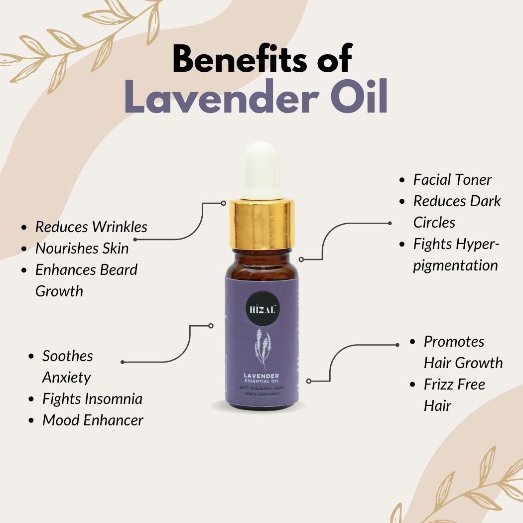 HIZAL 100% Pure Lavender Essential Oil, 10ML - Natural Aromatherapy Oil for Face, Hair & Skin Care - Perfect for Relaxation, Massage & Diffuser Use