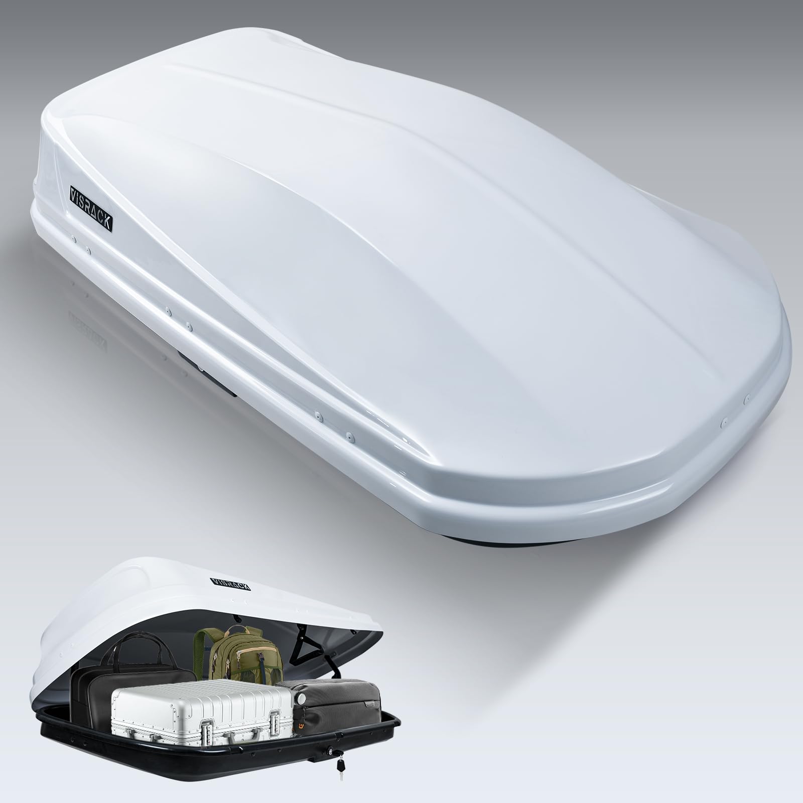 **White 14 Cubic Feet Rooftop Cargo Box - Heavy Duty Waterproof Car Top Carrier with Dual Side Opening, Extra Keys & Straps - Perfect for Travel, Camping & Outdoor Storage**