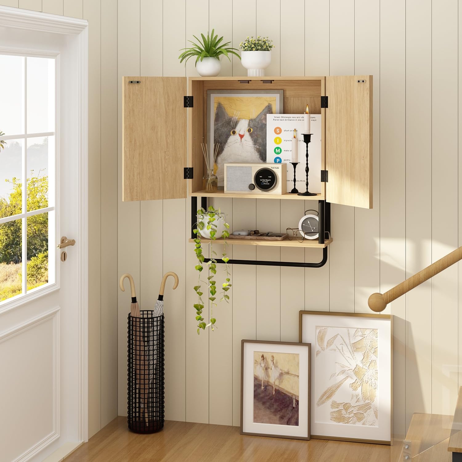 RUSTOWN 2-Door Fluted Bathroom Wall Cabinet - 3-Tier Modern Farmhouse Medicine Cabinet with Adjustable Shelf & Towel Bar - Over The Toilet Storage (Natural, Medium) - Perfect for Small Bathrooms, Vanity Organizer & Towel Storage