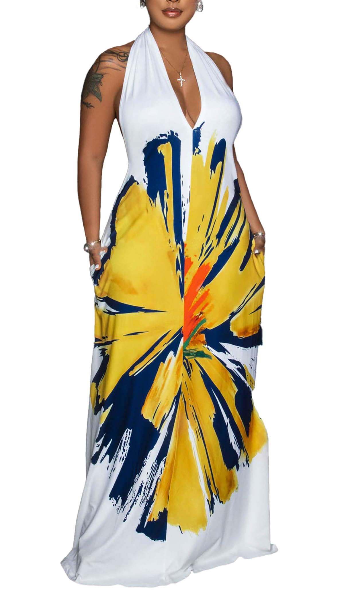 Sexy Summer Maxi Dress for Women - Halter Neck Plus Size Long Floral Beach Dress with Pockets | Casual Sun Dress for Vacation, Pool Party & Outdoor Date Night