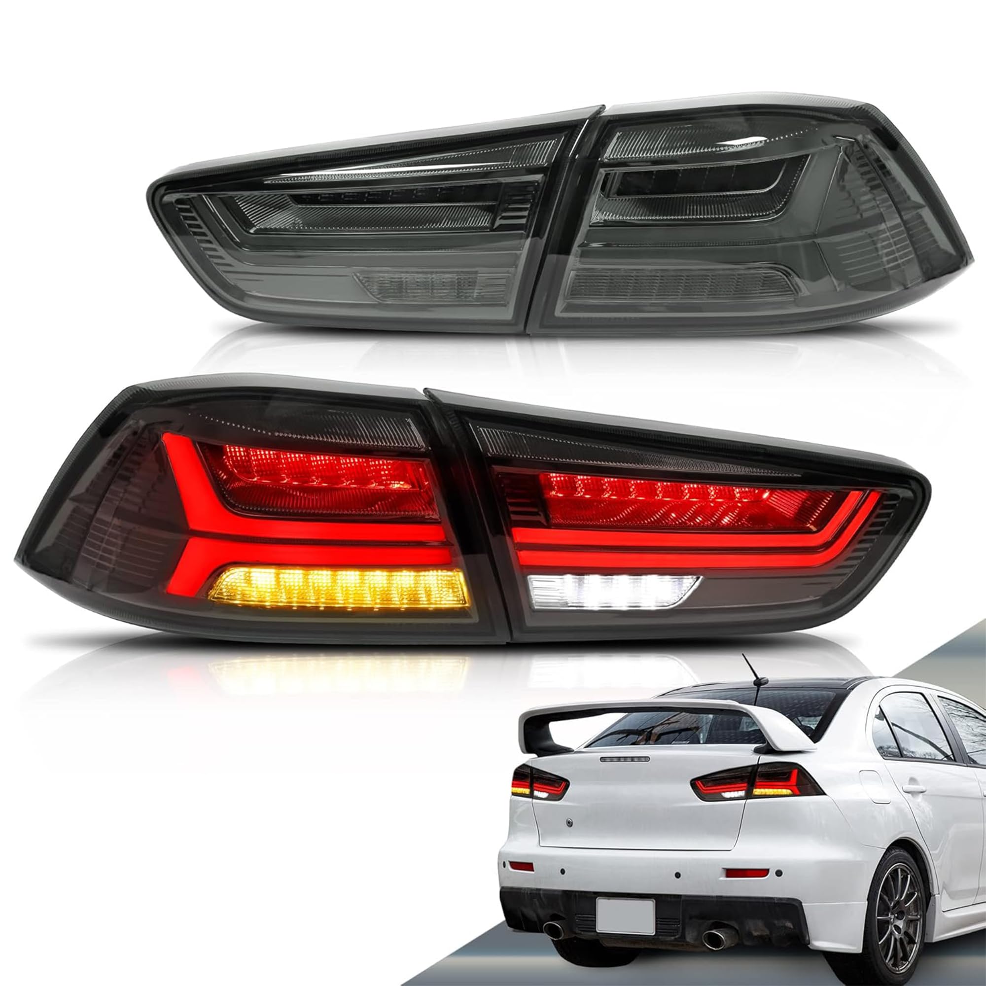 VLAND LED Tail Lights for Mitsubishi Lancer & EVO X 2008-2020 - Smoke/Tinted Full LED Rear Lamp Assembly with Amber Sequential Turn Signal (Not Compatible with Sportbacks/Fortis/IO) | Upgrade Your Car's Style & Safety for Night Driving