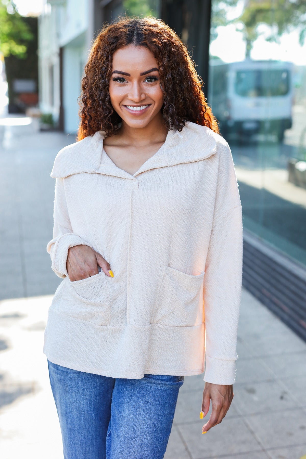 Easy Living Oatmeal Textured Knit Notch Neck Oversized Collar Sweater - Cozy Oversized Women's Knitwear for Fall & Winter | Perfect for Casual Outfits, Coffee Dates and Weekend Relaxation