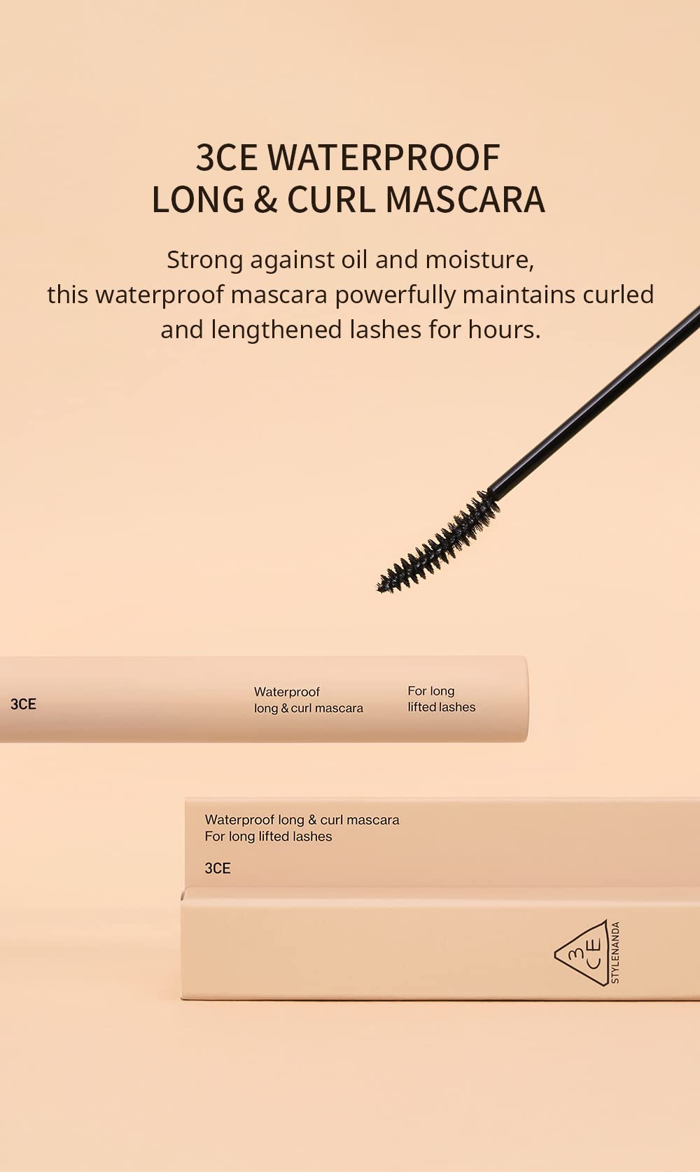 3CE Waterproof Long & Curl Mascara Black 5.5g - Volumizing, Lengthening, Smudge-Proof - ABG Style K-Beauty Korean Makeup for Everyday Glam & Night Out Looks