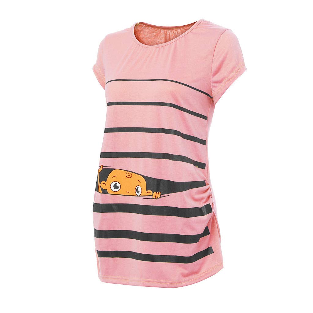 Trendy Striped Maternity T-Shirt - Short Sleeve Cute Pregnancy Top for Women | Comfortable Cotton Blouse for Casual Wear, Baby Showers & Maternity Photos