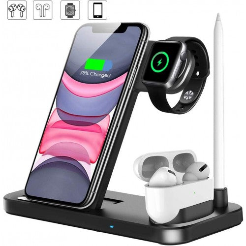 4-in-1 Fast Wireless Charging Station for iPhone, Apple Watch Series 1-5, AirPods Pro & Apple Pencil - Multi-Device Charging Stand for Home, Office & Travel