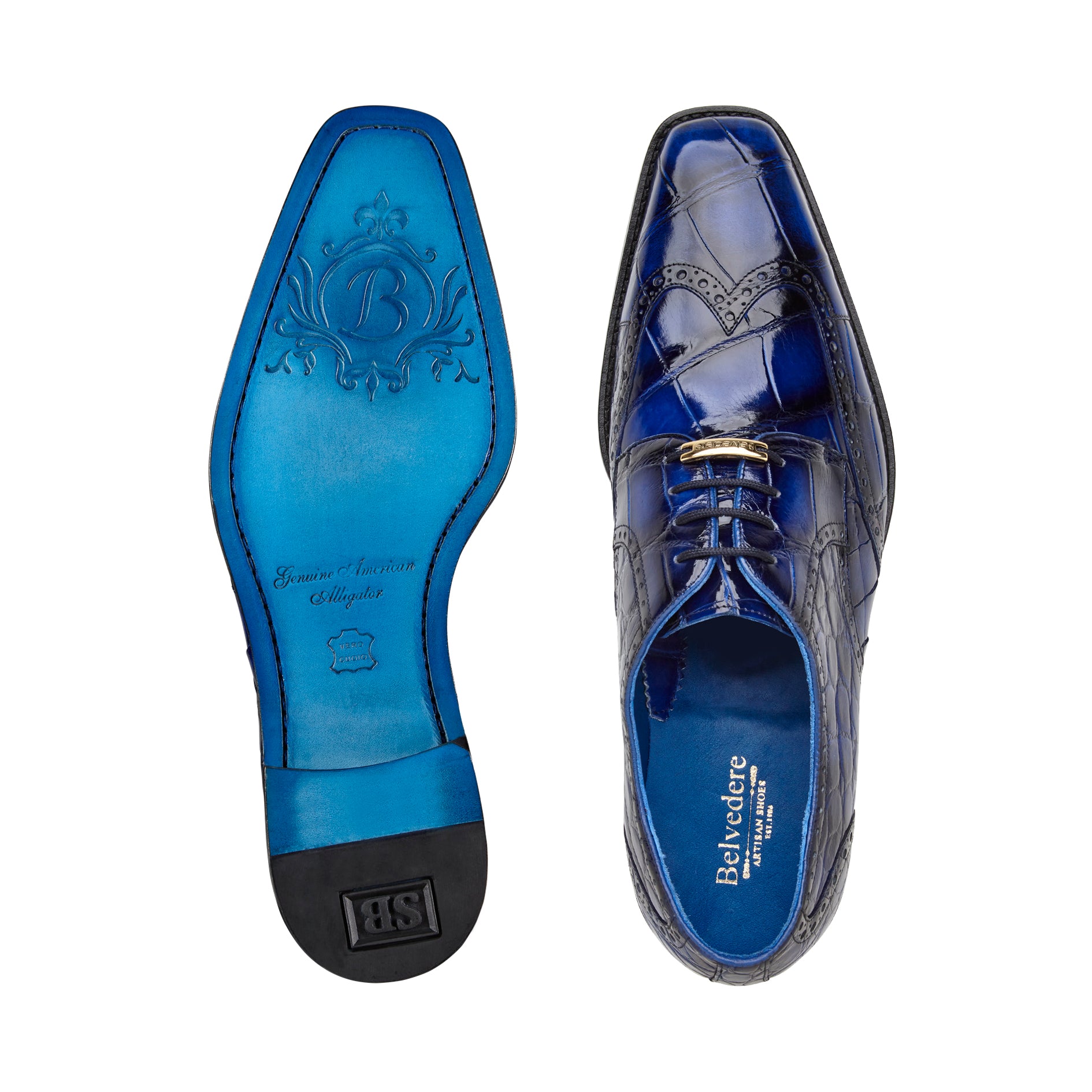 Belvedere Santo Genuine American Alligator Leather Dress Shoes for Men - Antique Blue - Size R70 - Premium Formal Business & Wedding Attire