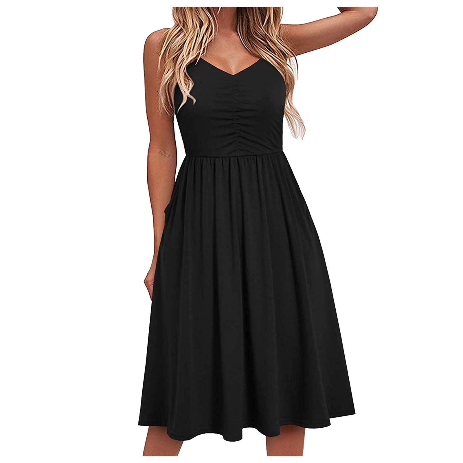 DOAEGNG Women's Summer Maxi Dress - Solid Color High Waist Pleated Swing Skirt, Slim Fit Basic Black Party Dress for Beach, Vacation & Evening Events