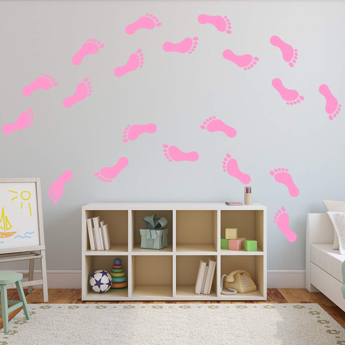 VWAQ Footprint Vinyl Decals - 20 Pack Peel and Stick Floor & Wall Stickers for Kids Room, Nursery, Playroom - Pink Home Decor Decals for Baby Shower, Birthday Party, DIY Wall Art