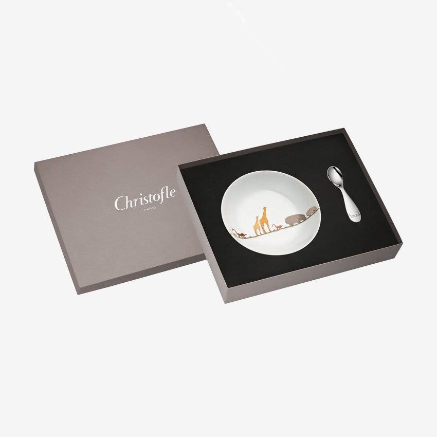 Christofle Savane Silver Plated Porcelain Cereal Bowl & Spoon Set - Elegant Breakfast Tableware for Home Dining & Entertaining