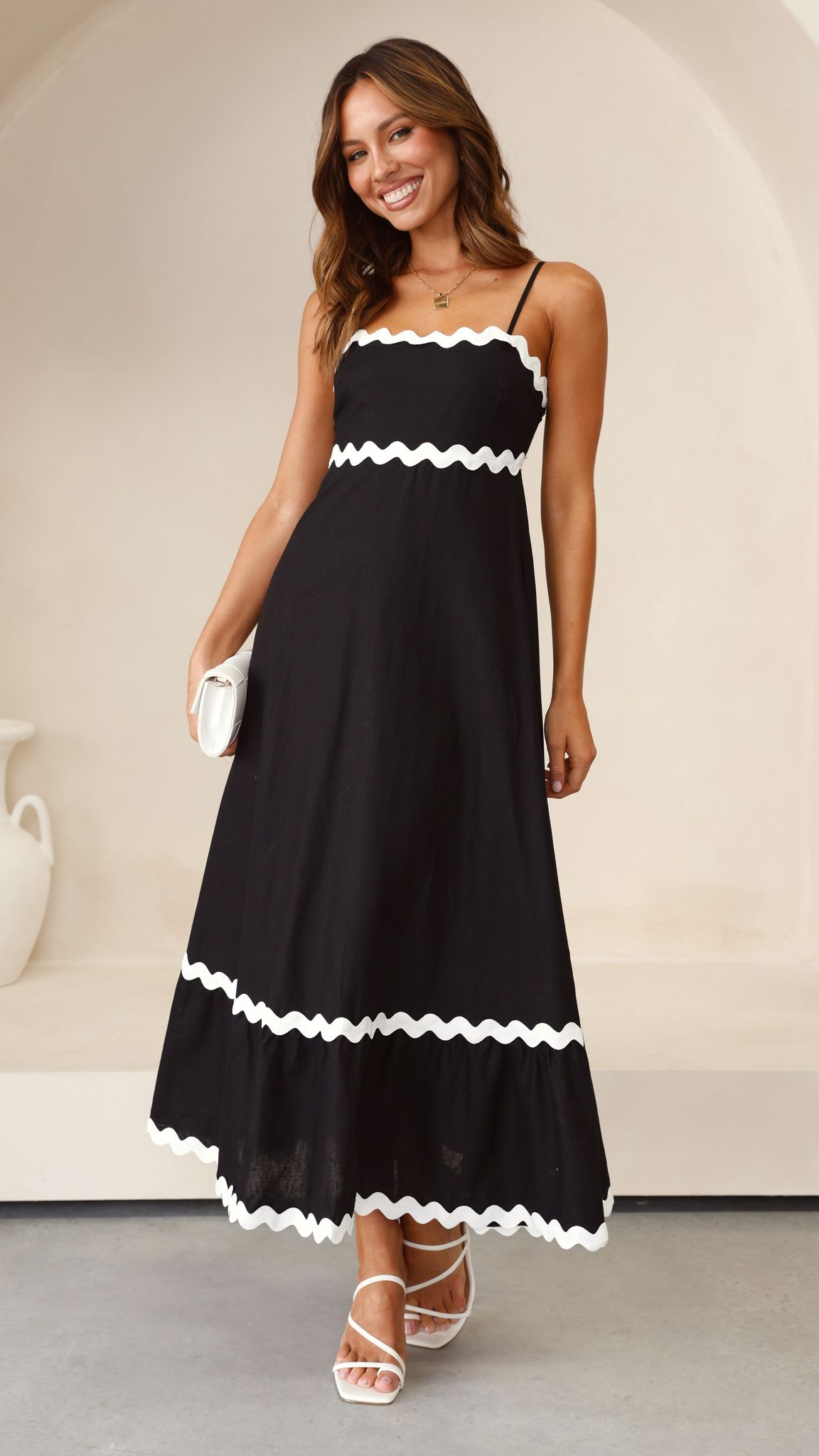 Brodey Midi Dress for Women - Elegant Black & White Flowy Summer Dress for Casual Outings, Date Nights & Beach Vacations