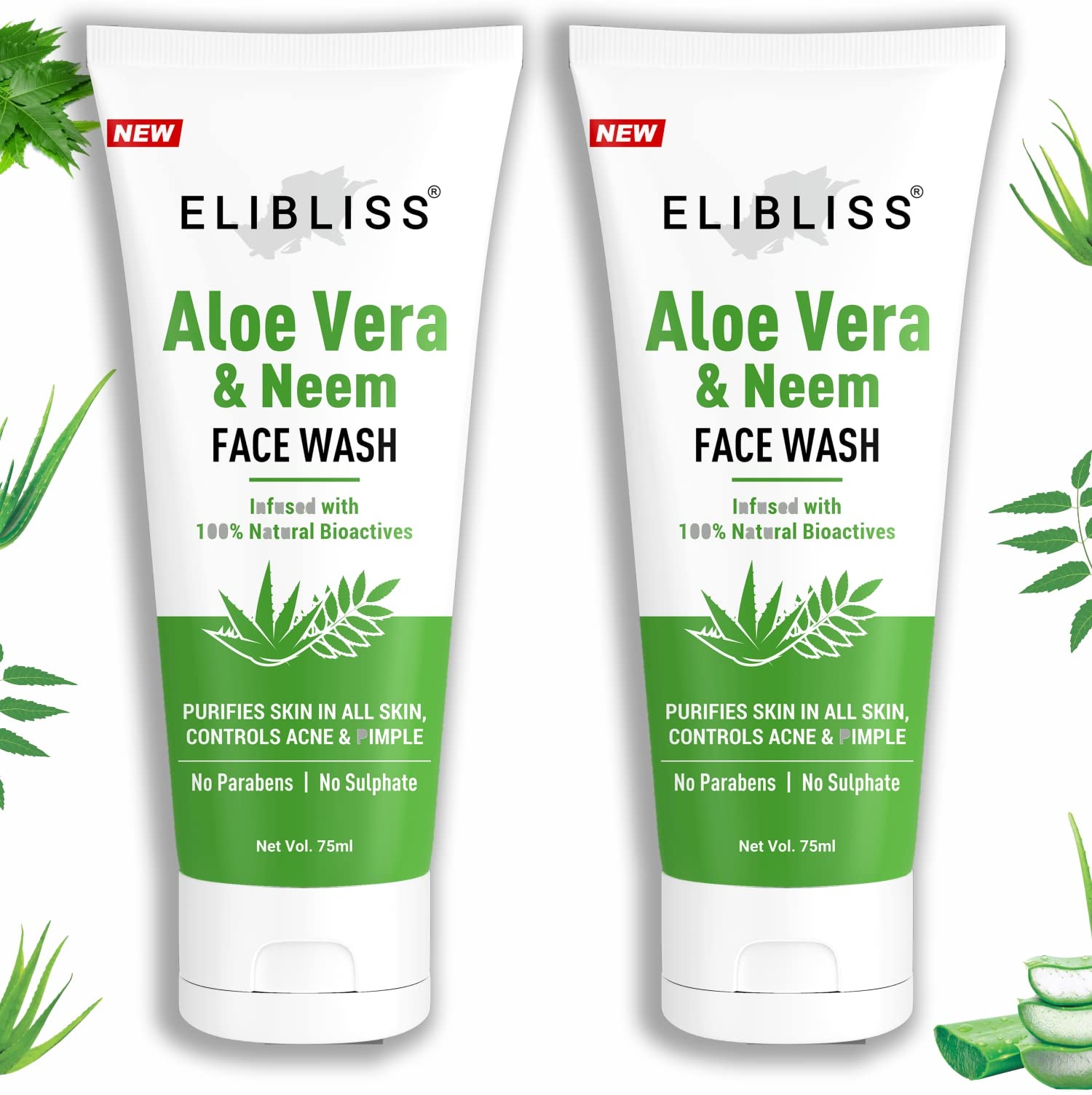 ELIBLISS Aloe Vera & Neem Refreshing Gel Face Wash for Glowing Skin - Gentle Daily Exfoliating Facial Cleanser (Pack of 2) | Hydrating & Soothing for Acne-Prone & Sensitive Skin | Morning & Night Skincare Routine