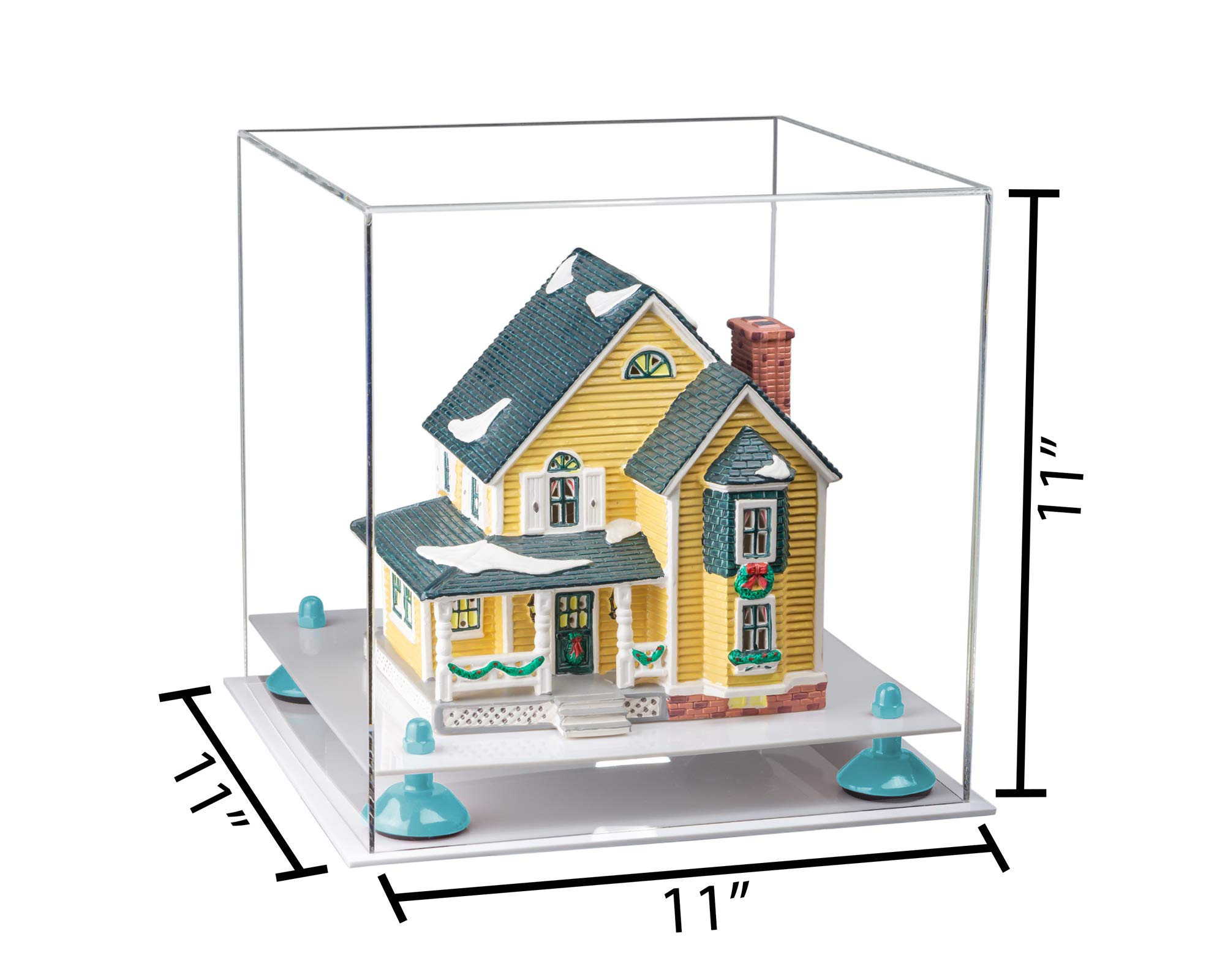 11x11x11 Inch Clear Acrylic Display Case with Light Blue Risers & White Base - Medium Square Box for Collectibles, Jewelry & Retail Displays (A001-BLR) | Perfect for Showcasing Action Figures, Miniatures & Luxury Items