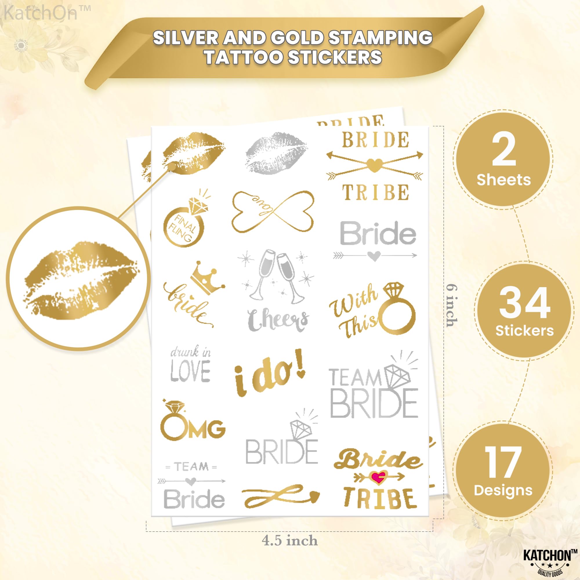 KatchOn Metallic Bride Tribe Temporary Tattoos - 34 Pack Gold & Silver Bachelorette Party Tattoos for Bridal Shower Decorations | Wedding Party Favors, Girls Night Out, Hen Party Accessories
