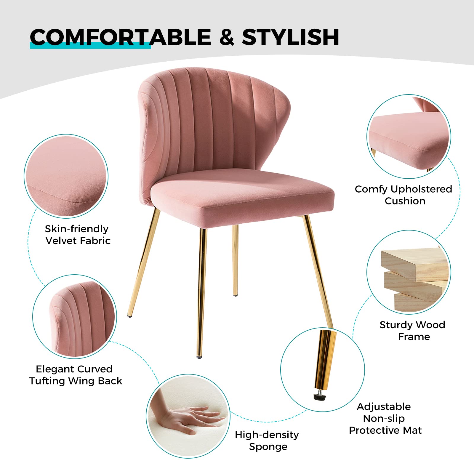 TINA'S HOME Modern Velvet Dining Chairs with Golden Metal Legs - Pink Tufted Upholstered Accent Chair for Living Room, Kitchen, Vanity & Beauty Salon | Elegant Small Seating for Home, Patio & Office