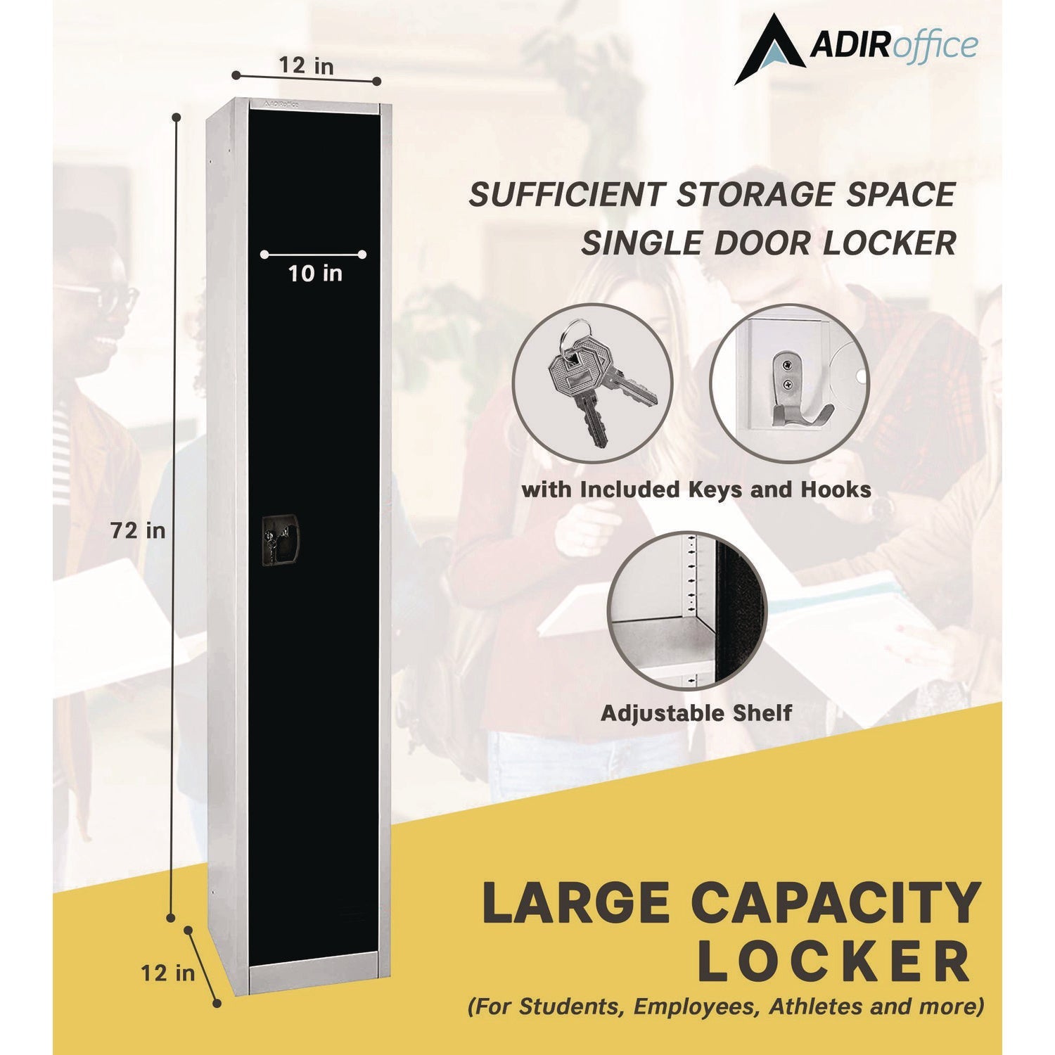 Steel Storage Locker with 1 Compartment - 12x12x72 Inches, Black - Heavy Duty Metal Cabinet for Office, School, Gym & Warehouse Organization