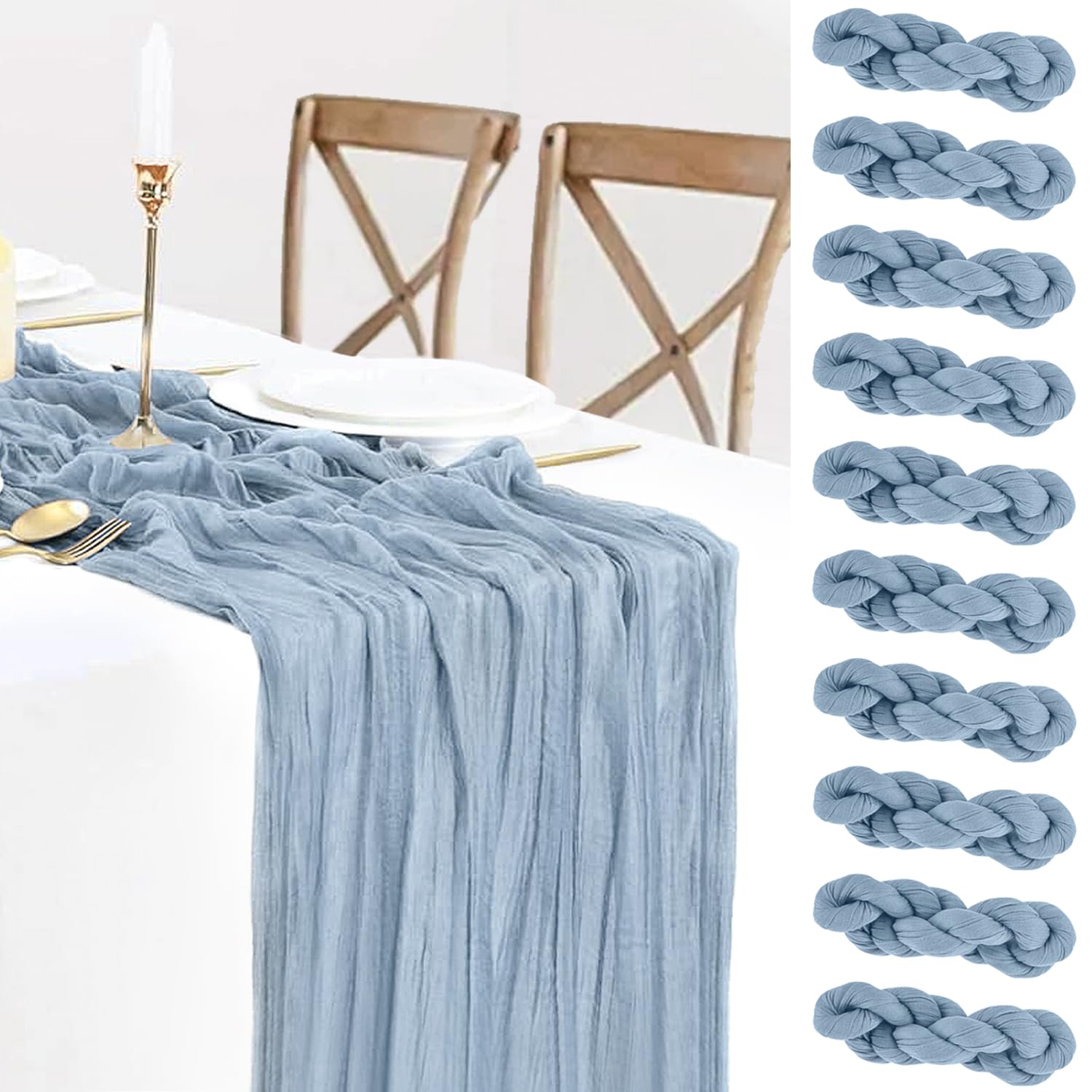 10 Pack Dusty Blue Cheesecloth Table Runners - 10ft Boho Gauze Fabric for Wedding Arch Draping, Bridal Baby Shower, Birthday Party & Cake Table Decor - Rustic Semi-Sheer Tablecloth for Boho, Farmhouse & Rustic Weddings