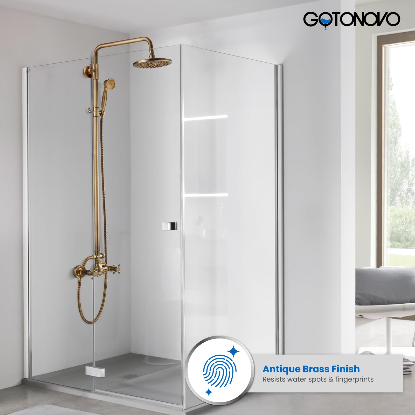 Gotonovo 8 Inch Exposed Bathroom Shower Faucet Set - Antique Brass Rainfall Shower Head & Handheld Shower Combo with Cross Handle Wall Mount (2 Functions) for Luxurious Spa-Like Bathroom Experience