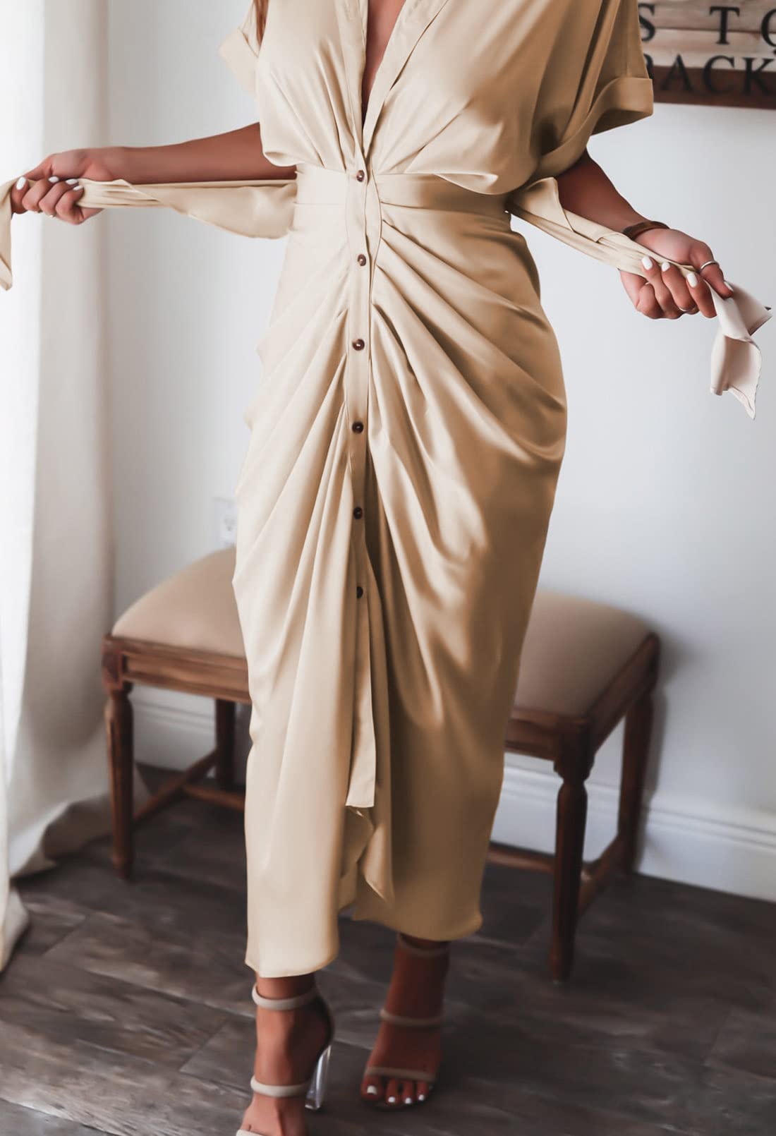 Elegant Women's Satin Button Down Short Sleeve Maxi Shirt Dress with Belt - Perfect for Summer Outfits, Beach Cover Up & Casual Office Wear