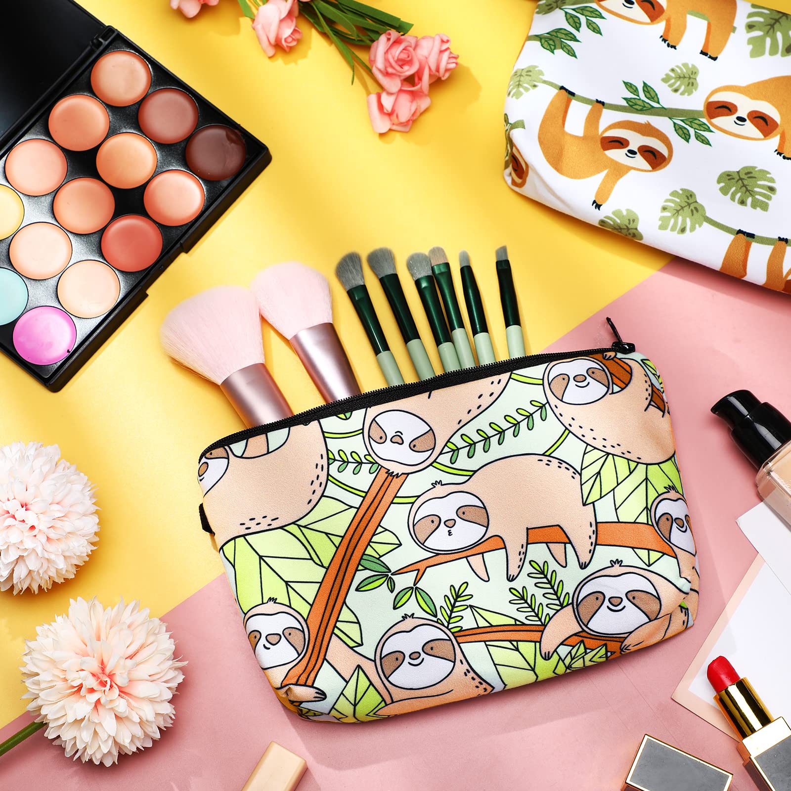 Sanwuta 12-Piece Waterproof Cosmetic Makeup Bag Set - Printed Roomy Toiletry Organizer with Zipper for Women (Sloth Design) - Perfect for Travel, Gym & Daily Beauty Storage
