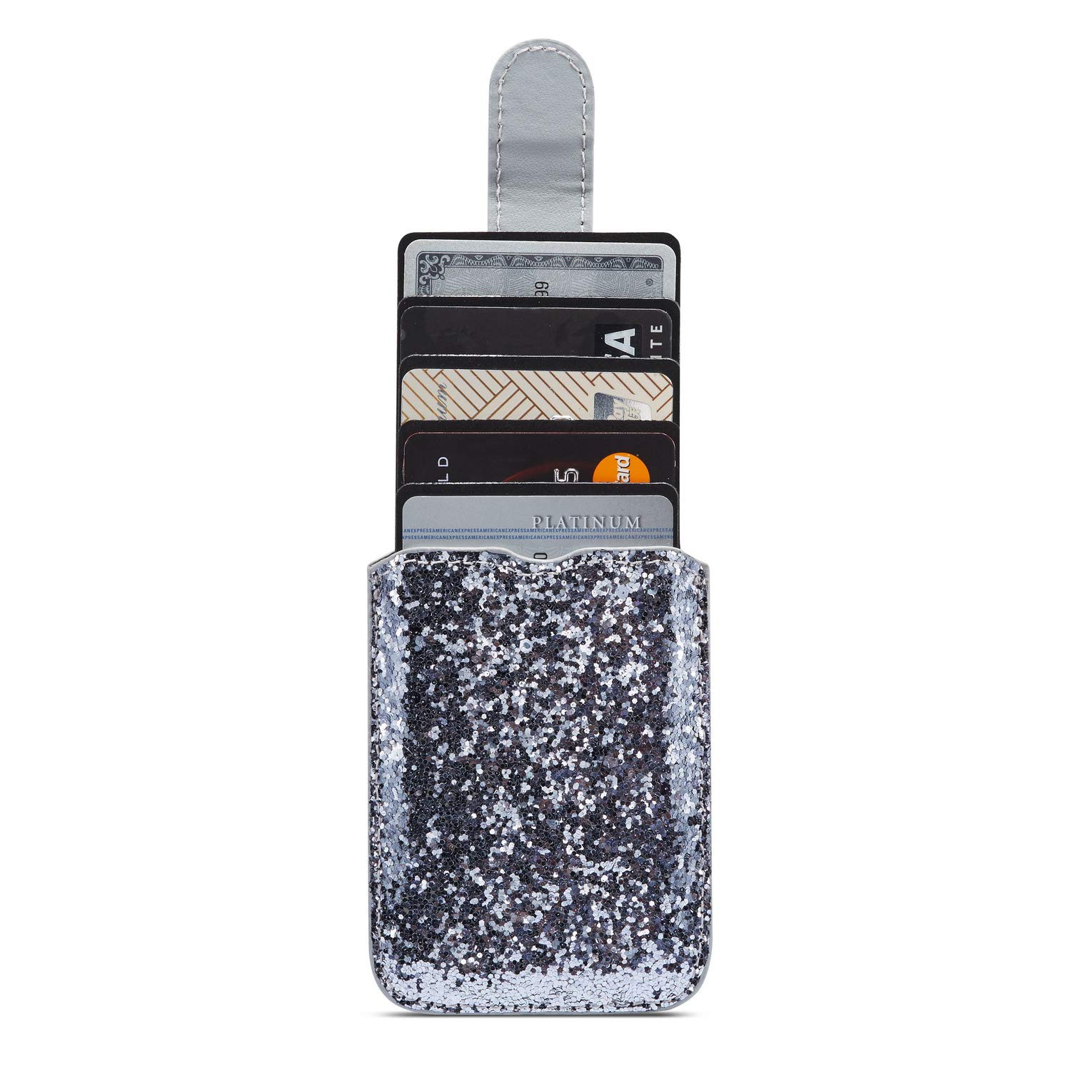 Glitter Silver RFID Blocking Stretchable Phone Card Holder - Adhesive Wallet for iPhone 16/15, Galaxy S24 Ultra/Note 20, A55/A74 - Stick-on Credit Card & ID Pouch (Perfect for Shopping, Travel & Hands-Free Convenience)