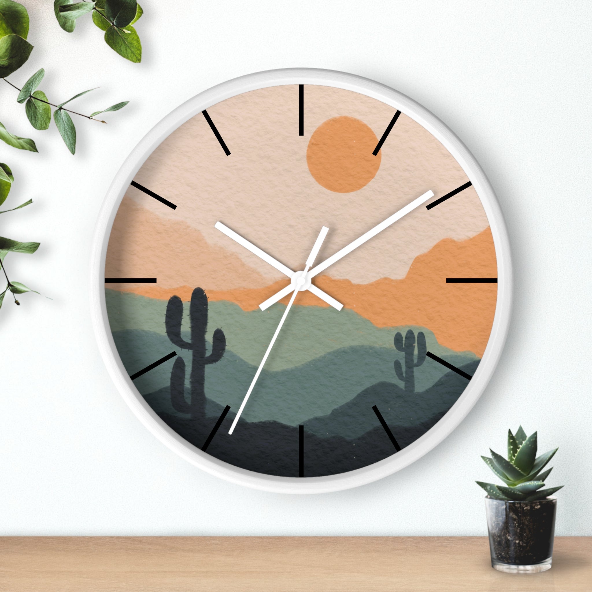 Silent Ticking Wall Clock - Rustic Desert Decor with 10 Inch Wood or Plastic Frame & Plexiglass - Southwestern Theme Home Office Decor for Living Room, Bedroom, Kitchen