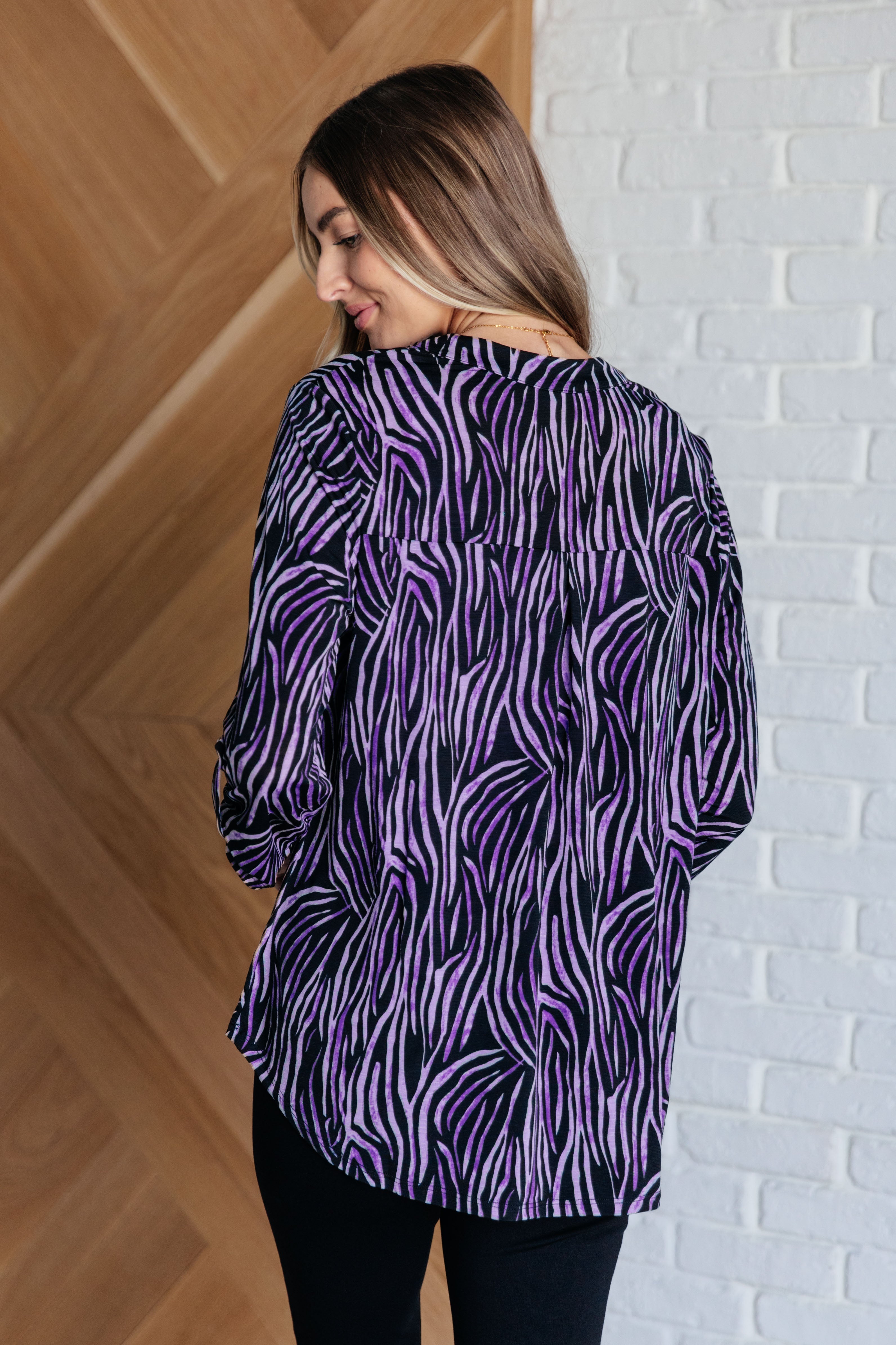 Lizzy Top - Stylish Violet & Black Multi-Stroke Print Women's Blouse | Perfect for Casual Outings, Date Nights & Office Wear