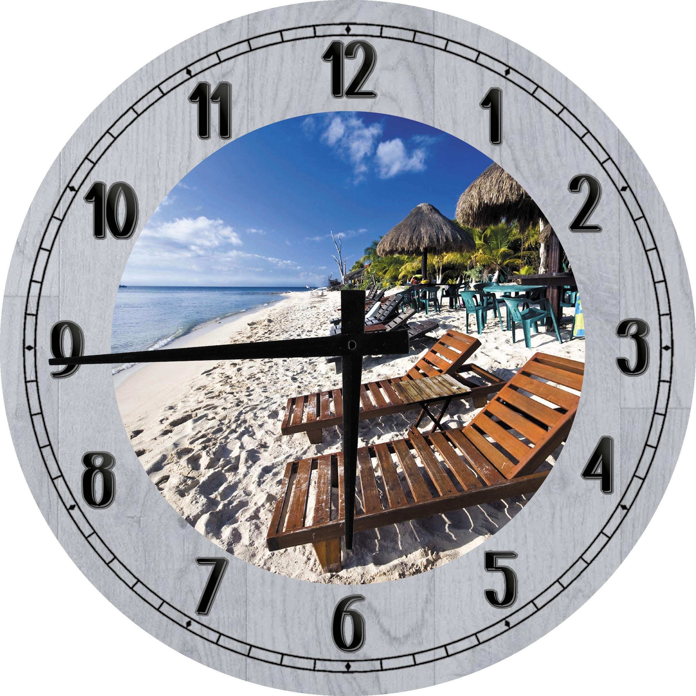 Ocean Beach Lounge Chairs & Tiki Huts Vacation Decor - 18 Inch Large Round Wood Wall Clock in Gray - Coastal Wall Art for Living Room, Bedroom, or Beach House
