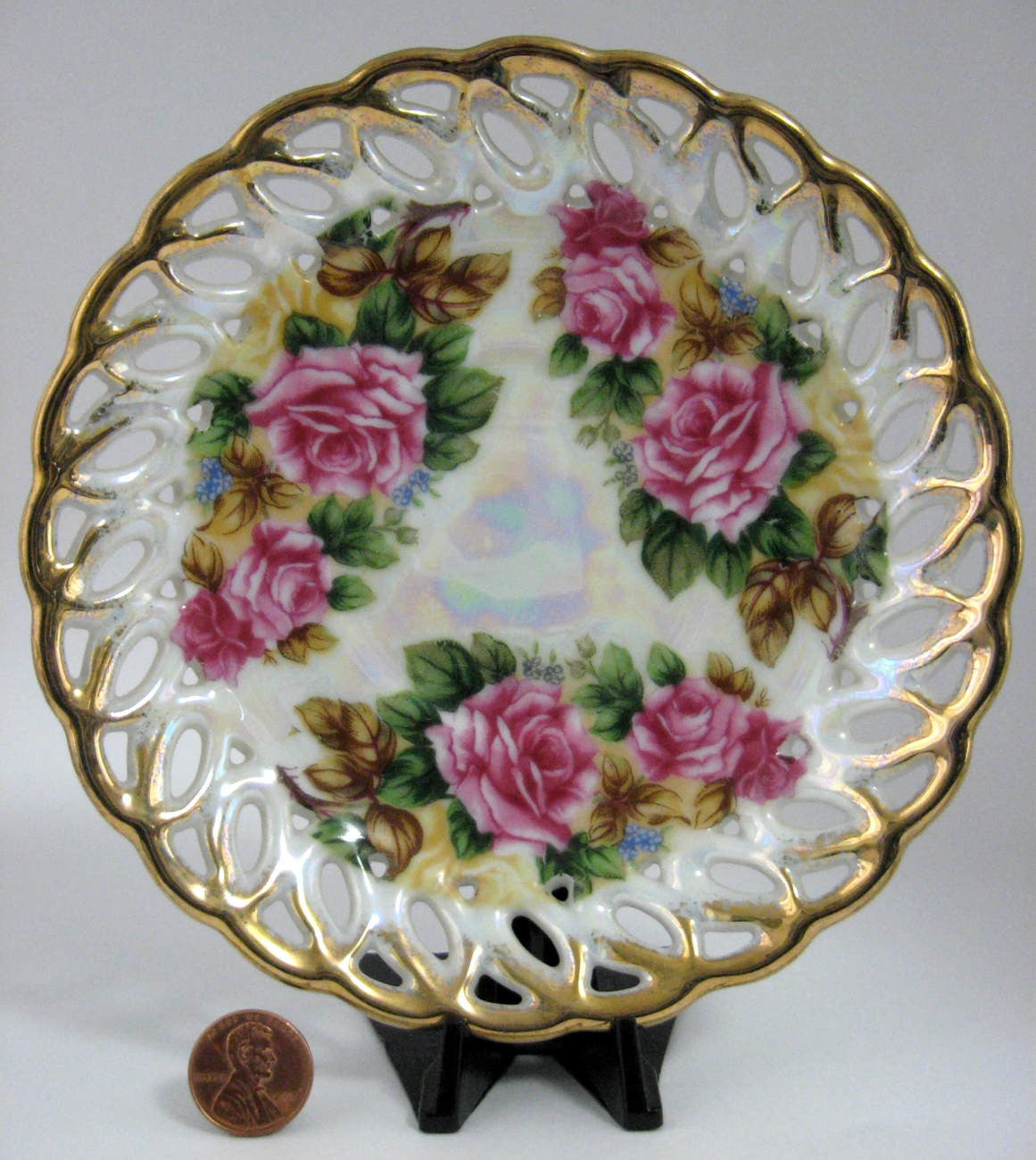 Vintage 1960s Japanese Sealy Reticulated Gold Trim Rose Luster Saucer - Elegant Tableware for Tea, Coffee, and Dessert Serving