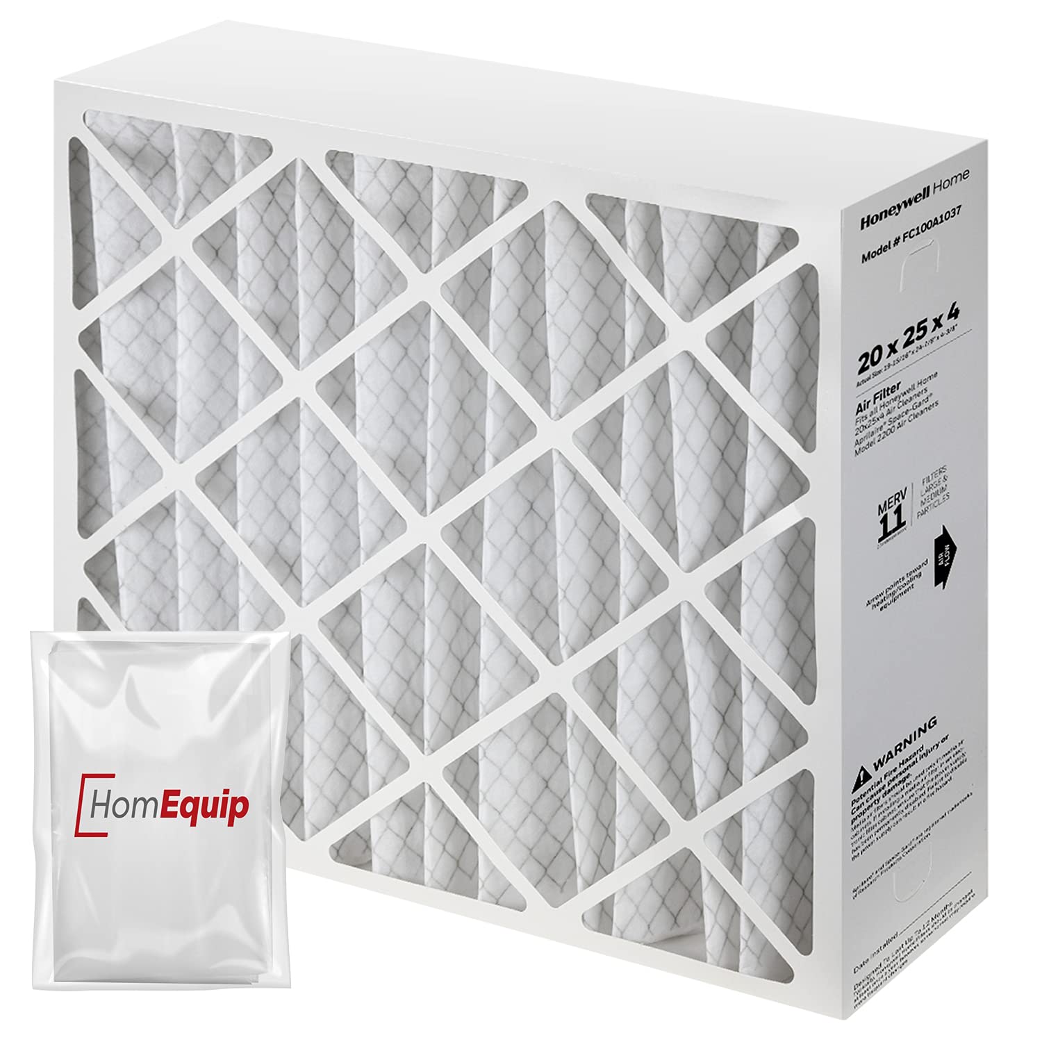 Honeywell FC100A1037 20x25x4 MERV 11 Air Filter Replacement for AC & Furnace - 1-Pack with Homequip Disposal Bag (19.94x24.86x4.38 Inches) - Improves Indoor Air Quality for Homes & Offices